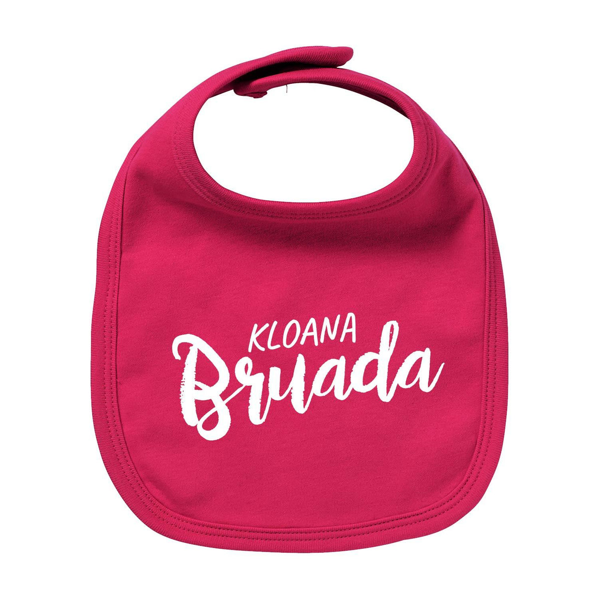 Fuchsia Baby-Lätzchen Kloana Bruada aus saugfähiger Baumwolle mit weißem, bayerischem Spruch für Jungen.
