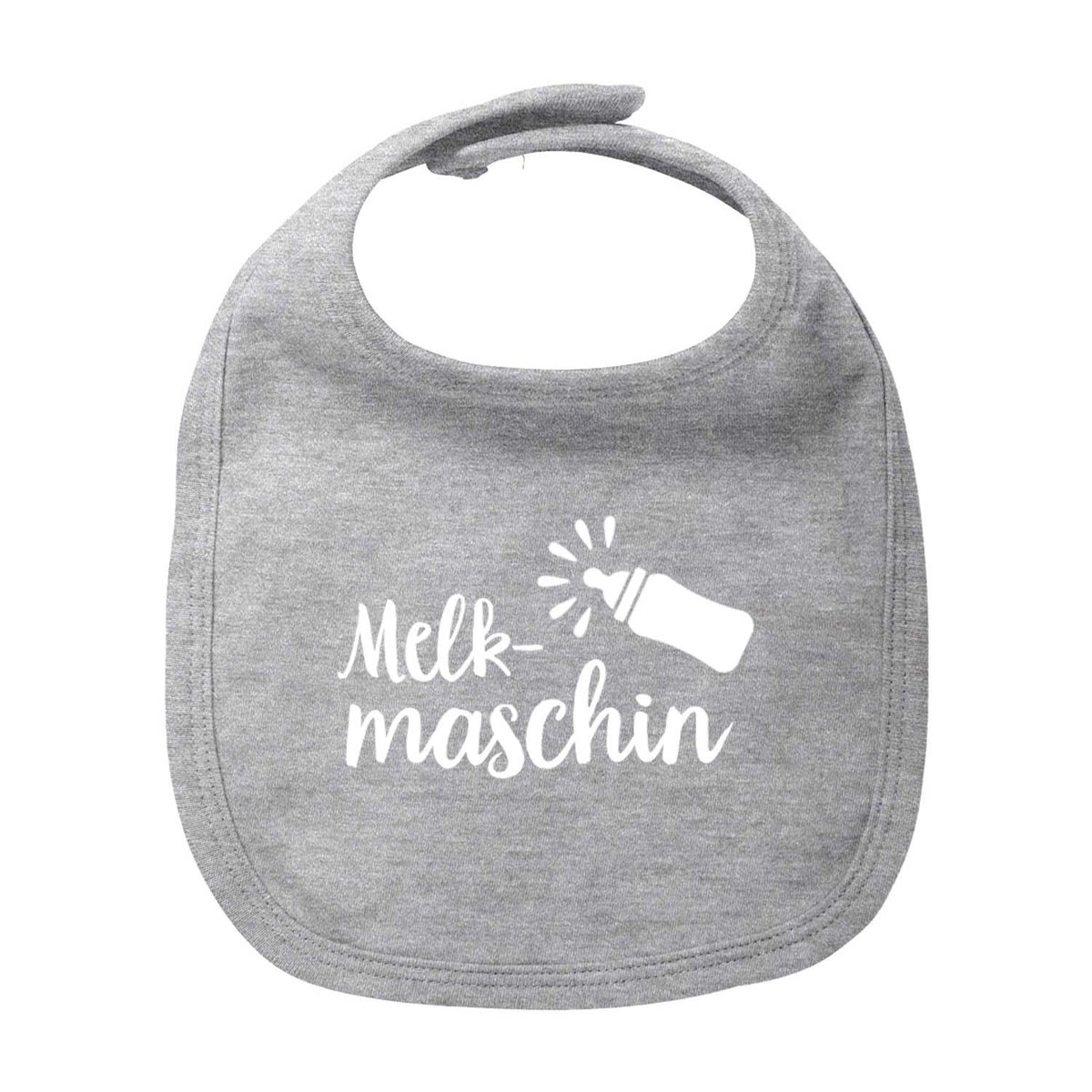 Graues Lätzchen "Melkmaschin" mit weißem Schriftzug und Babyflasche, perfekt für Babys und Kleinkinder.