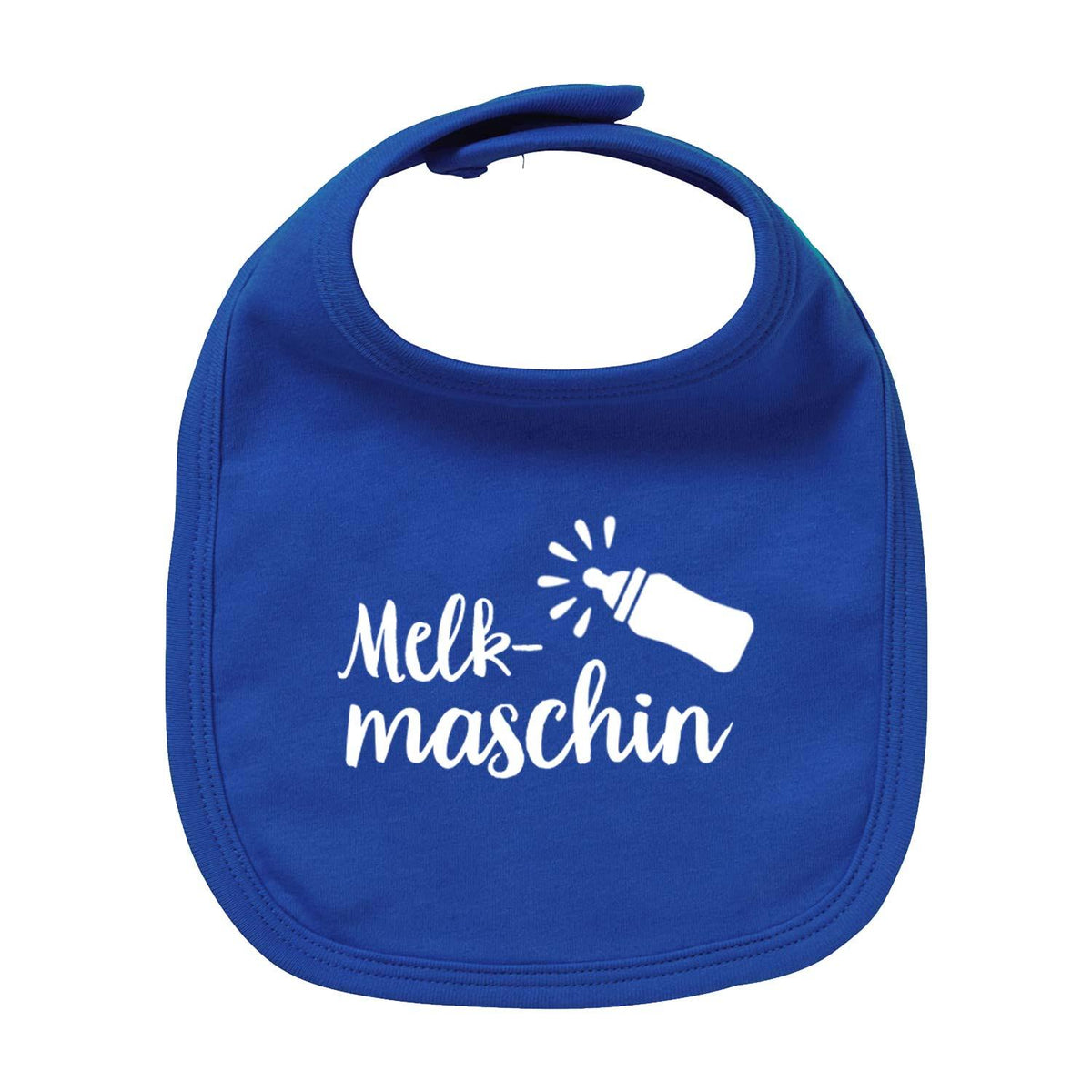Baby Lätzchen "Melkmaschin" in Blau mit lustigem Spruch und Flaschen-Design in Weiß für Neugeborene.