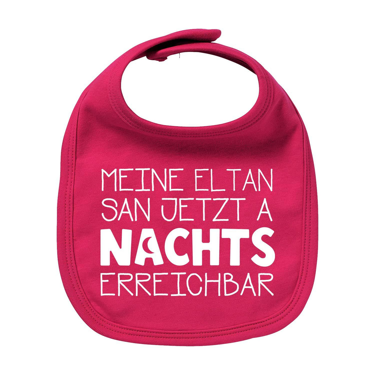 Pinkes Lätzchen "Nachts erreichbar!" mit weißem Spruch für Babys, Baumwolle, Klettverschluss.