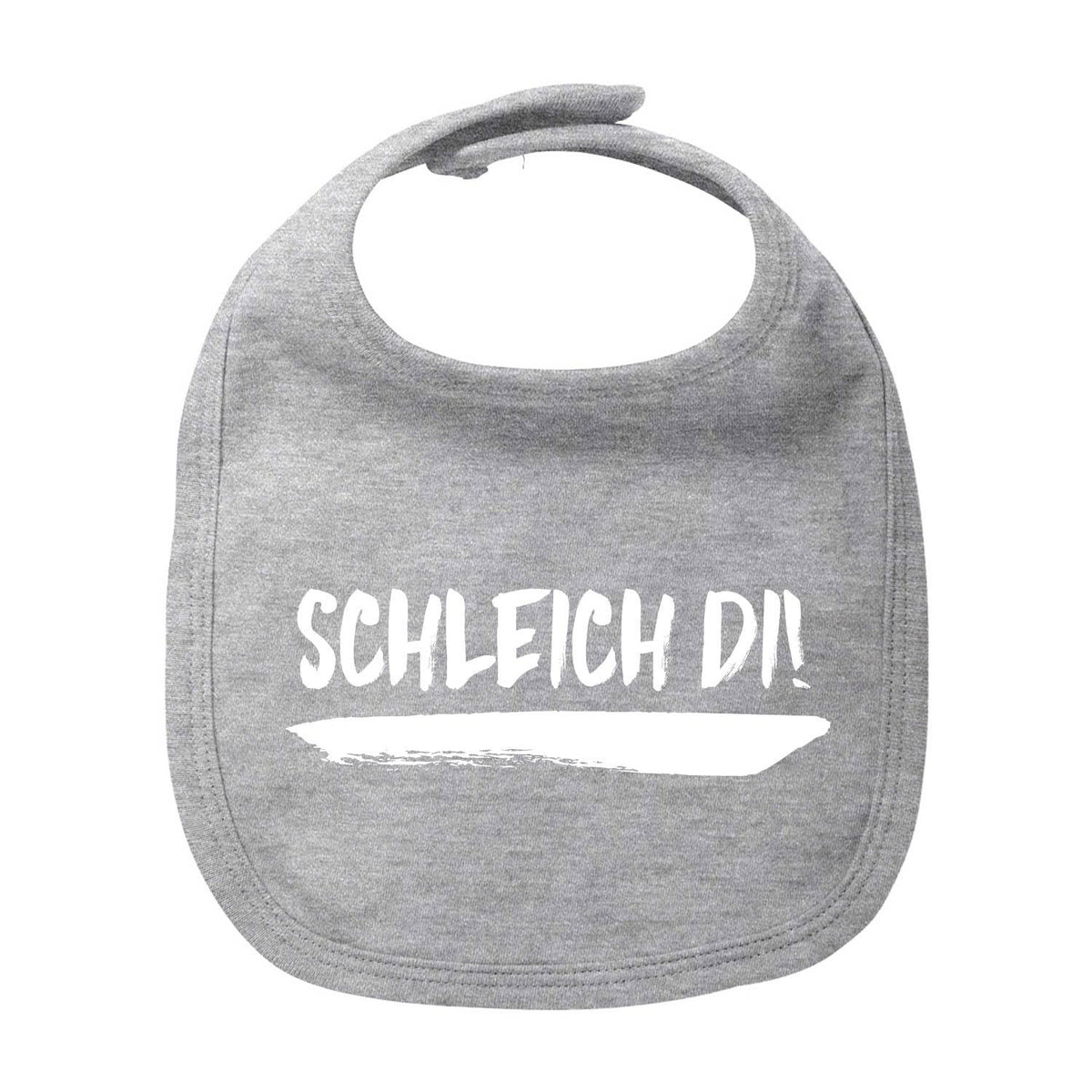 Graues Lätzchen "Schleich di!" aus Baumwolle mit weißem, humorvollem Aufdruck für Babys und Kleinkinder.