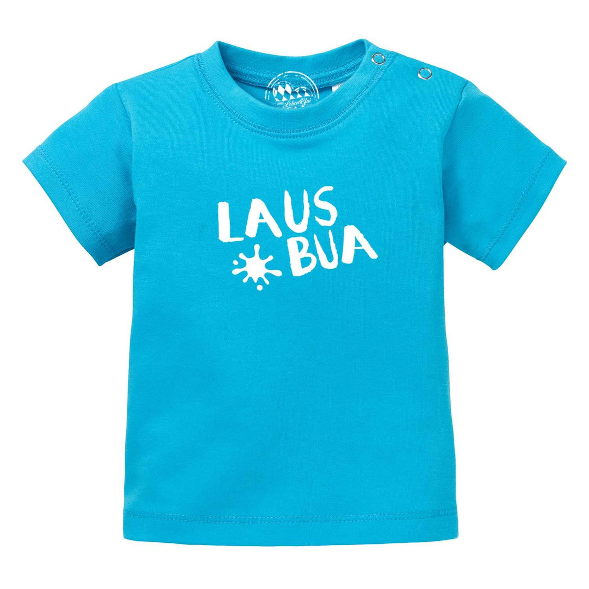 Türkises Baby T-Shirt Lausbua mit weißem Druck und Druckknöpfen an der Schulter aus Baumwolle.