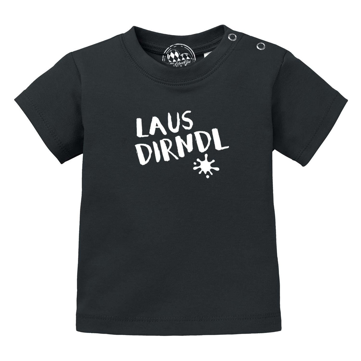 Schwarzes Baby T-Shirt Lausdirndl mit weißem Schriftzug und Stern-Motiv, Druckknöpfen an der Schulter.