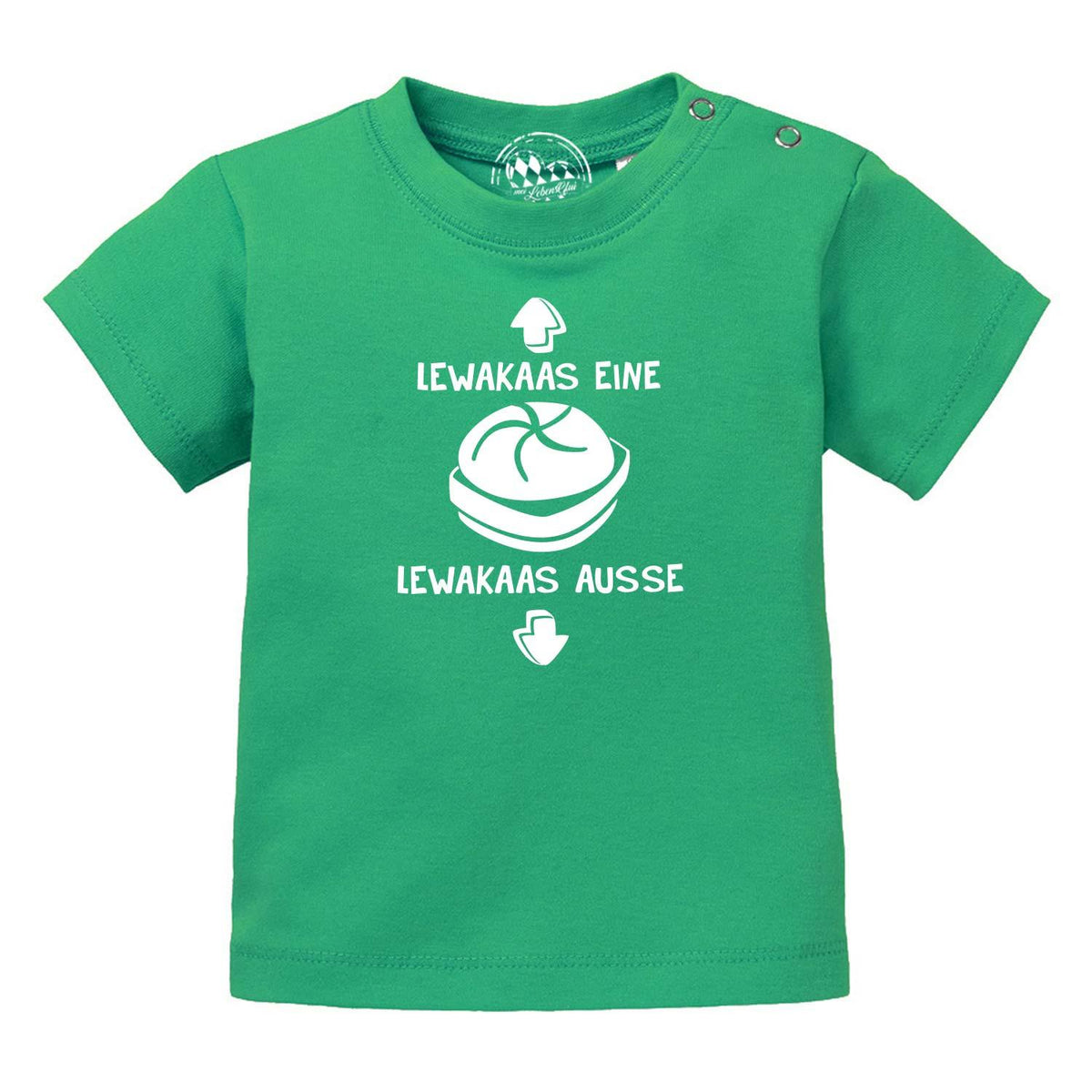 Grünes Baby T-Shirt "Lewakaas" mit lustigem, weißem Brezen-Spruch für bayerischen Humor auf Babymode.
