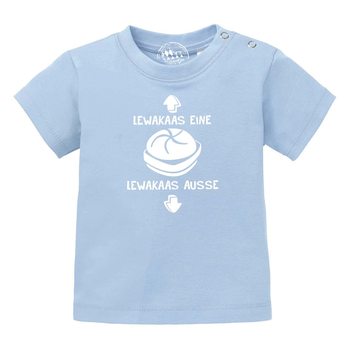 Helles Baby T-Shirt "Lewakaas" mit lustigem Spruch und Semmel-Grafik für kleine Feinschmecker.
