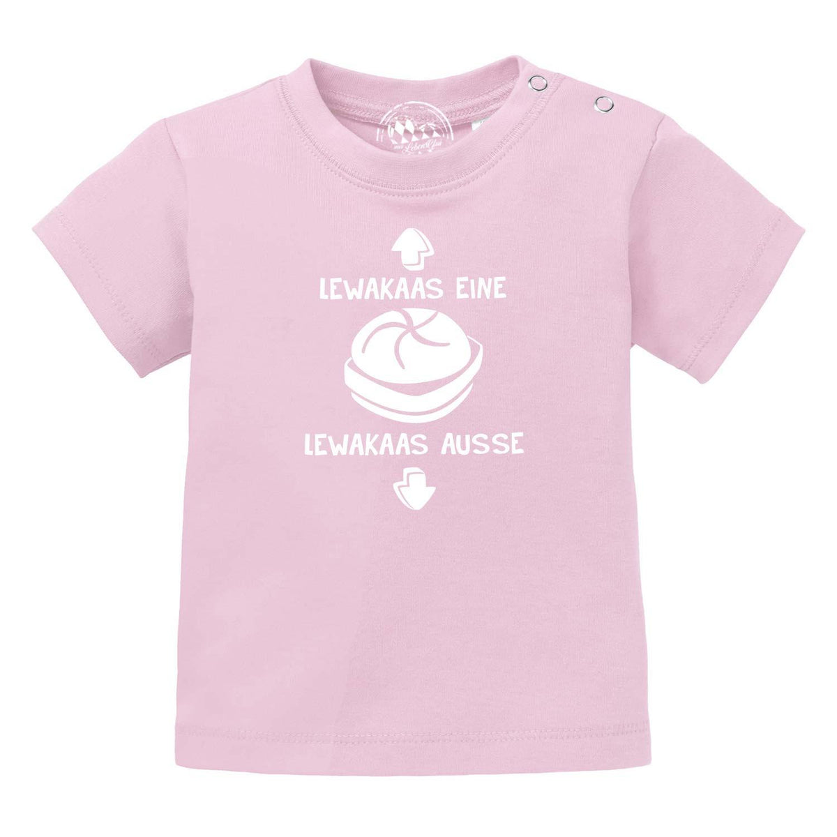 Rosa Baby T-Shirt "Lewakaas" mit lustigem Aufdruck Breze und Pfeilen für Babys und Kleinkinder.