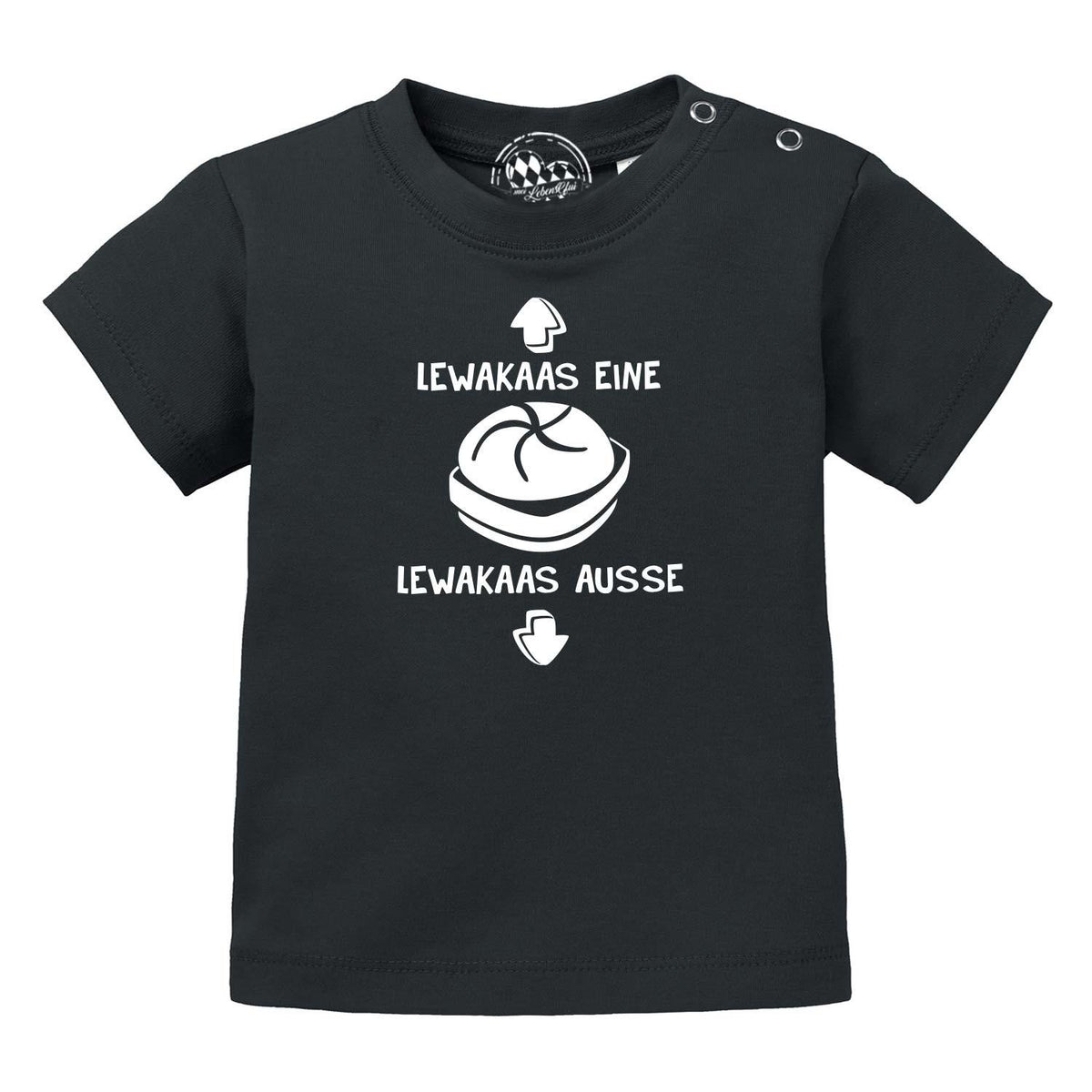 Schwarzes Baby T-Shirt "Lewakaas" mit lustigem Aufdruck "Lewakaas eine, Lewakaas ausse" und Semmel-Motiv.