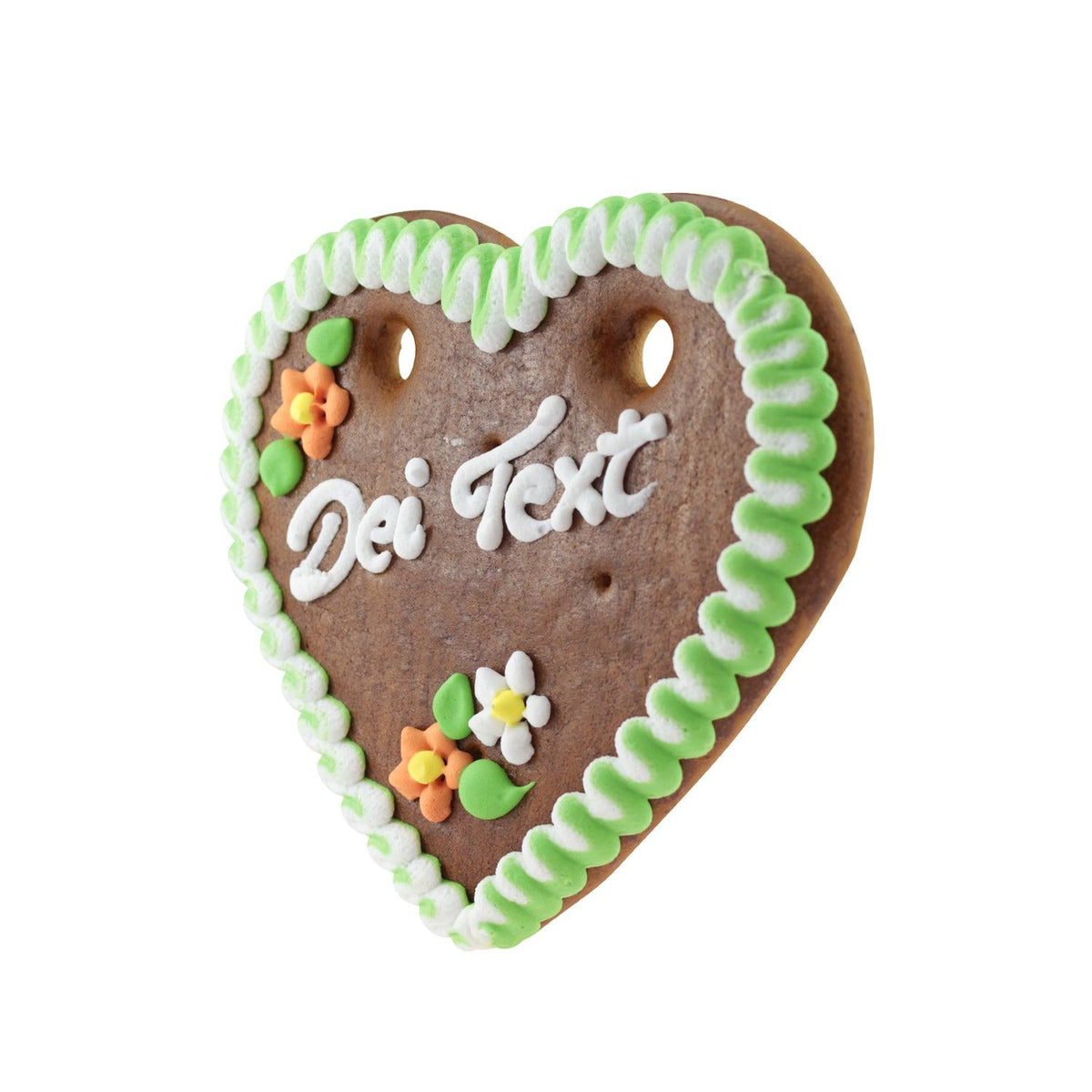 Braunes Lebkuchenherz mit weiß-grünem Rand, bunten Zuckerblumen und dem Schriftzug "Dei Text".