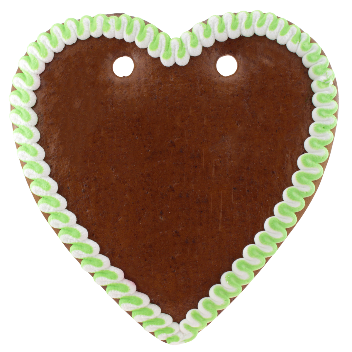 Braunes Lebkuchenherz mit hellgrünem und weißem Zuckergussrand, bereit für individuellen Wunschtext.