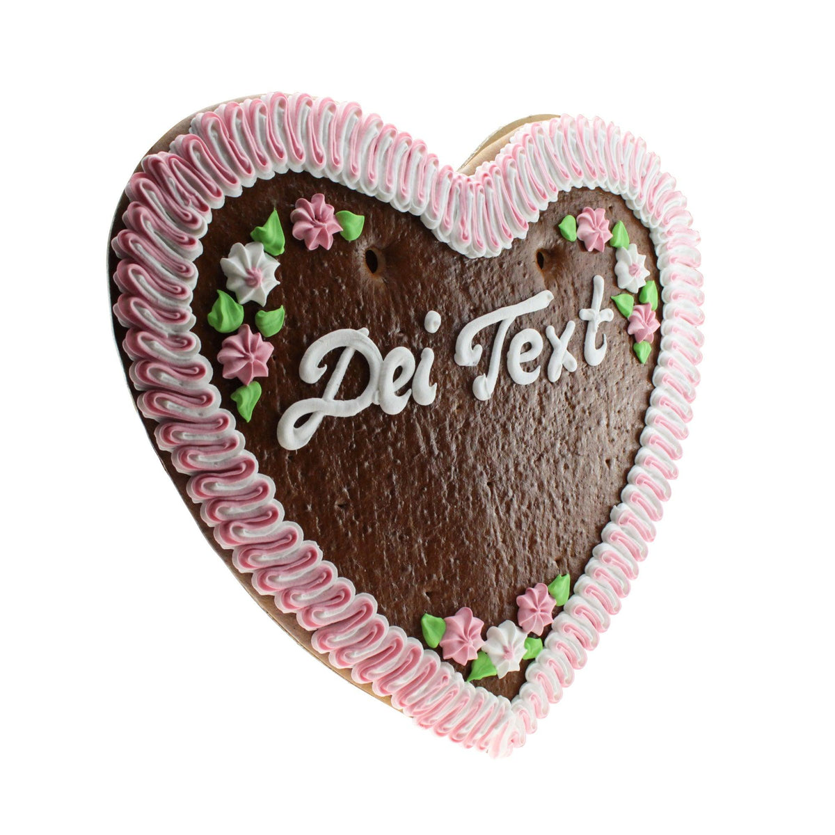 Herzförmiger brauner Lebkuchen mit pink-weißem Zuckergussrand, floraler Dekoration und Aufschrift "Dei Text".