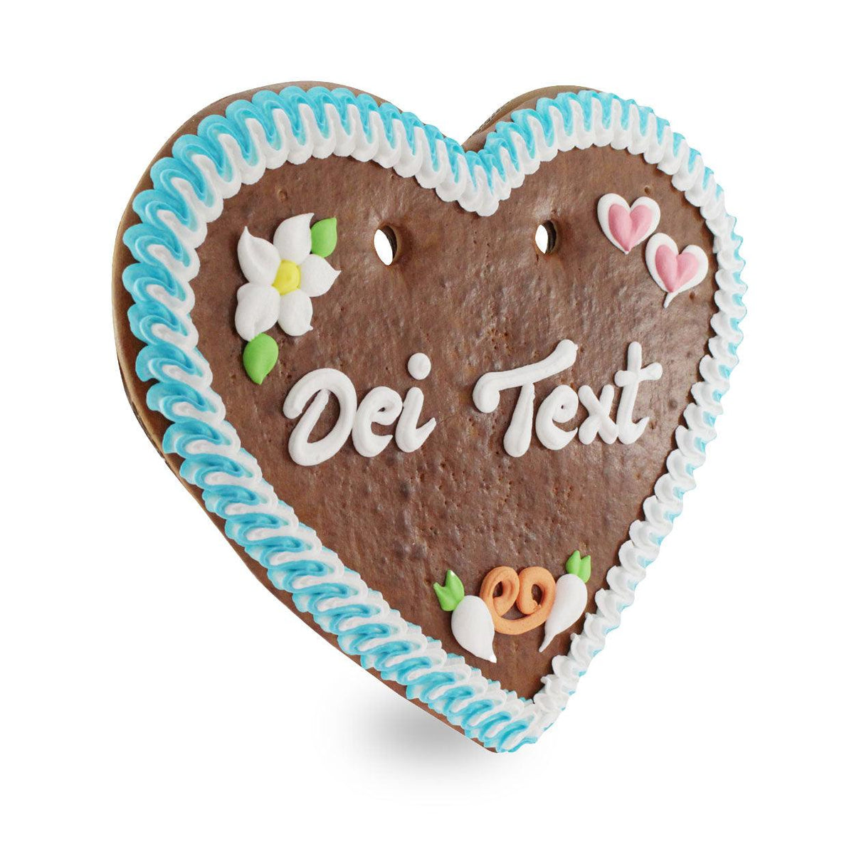 Braunes Lebkuchenherz mit blau-weißem Rand und der Aufschrift "Dei Text", verziert mit Edelweiß, Herzen, Brezel und Radieschen.