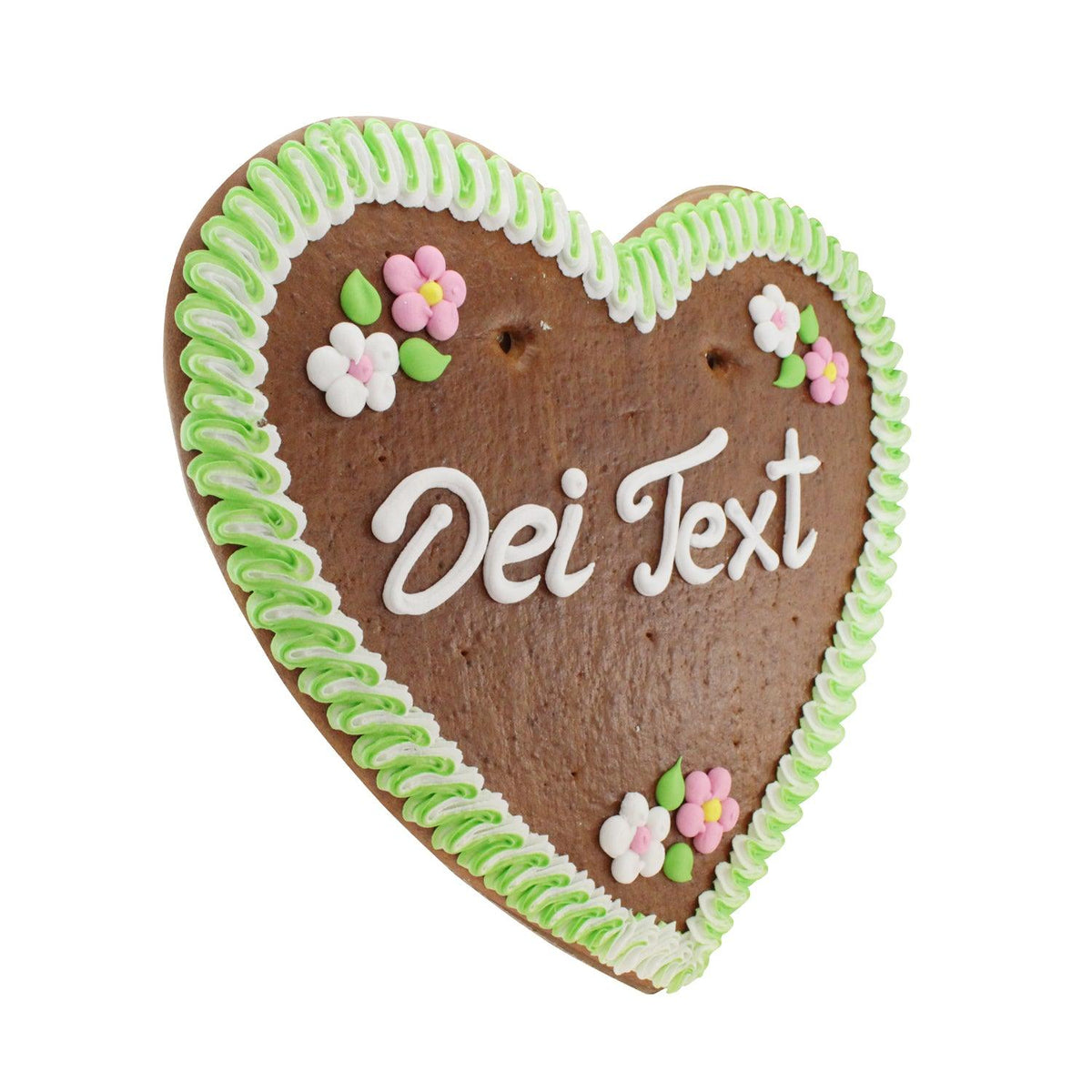 Braunes Lebkuchenherz mit grün-weißem Zuckergussrand, rosafarbenen Blumen und individuellem Text "Dei Text".
