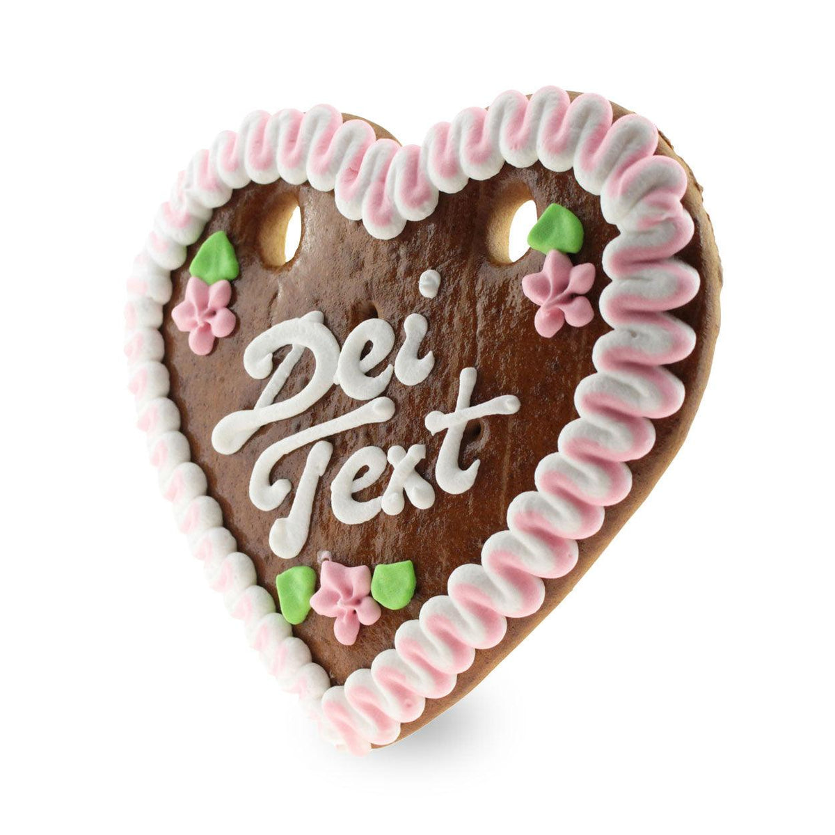 Lebkuchenherz mit Wunschtext, Randfarbe rot: rosa-weißer Zuckerguss-Rand mit rosa Blüten