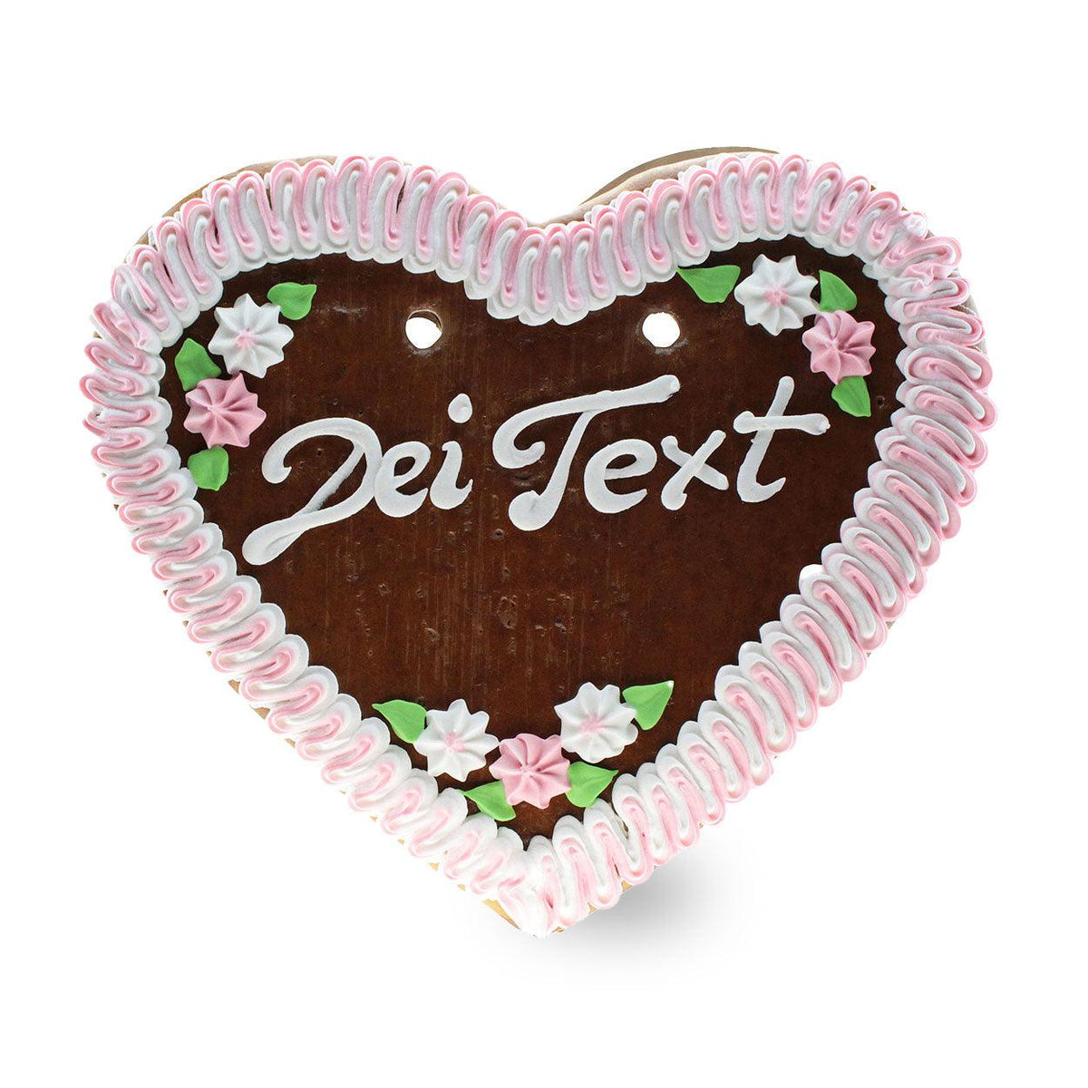 Traditionelles Lebkuchenherz mit rosafarbener und weißer Verzierung, Blume, und personalisierbarem Schriftzug "Dei Text".