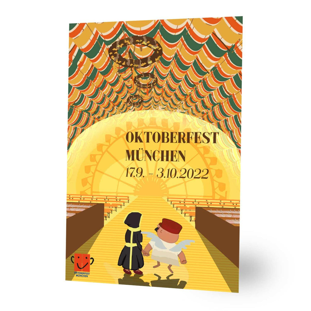Magnet Oktoberfest 2022 groß: Motiv einer Festzeltdurchgang mit Figuren und Riesenrad im Hintergrund.