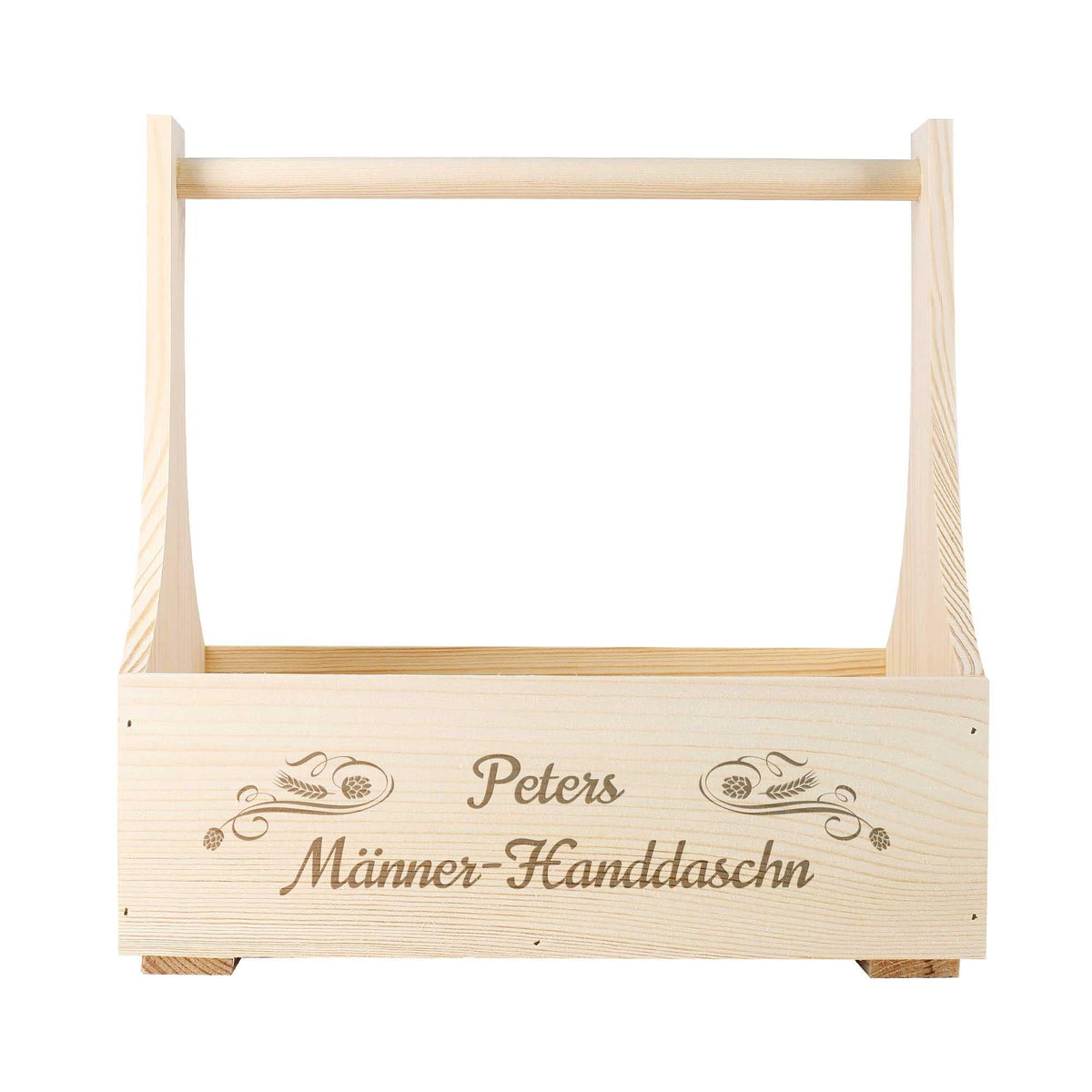 Personalisierter hölzerner Bierträger mit Gravur "Peters Männer-Handtaschn", Hopfen- und Weizenmotiven.