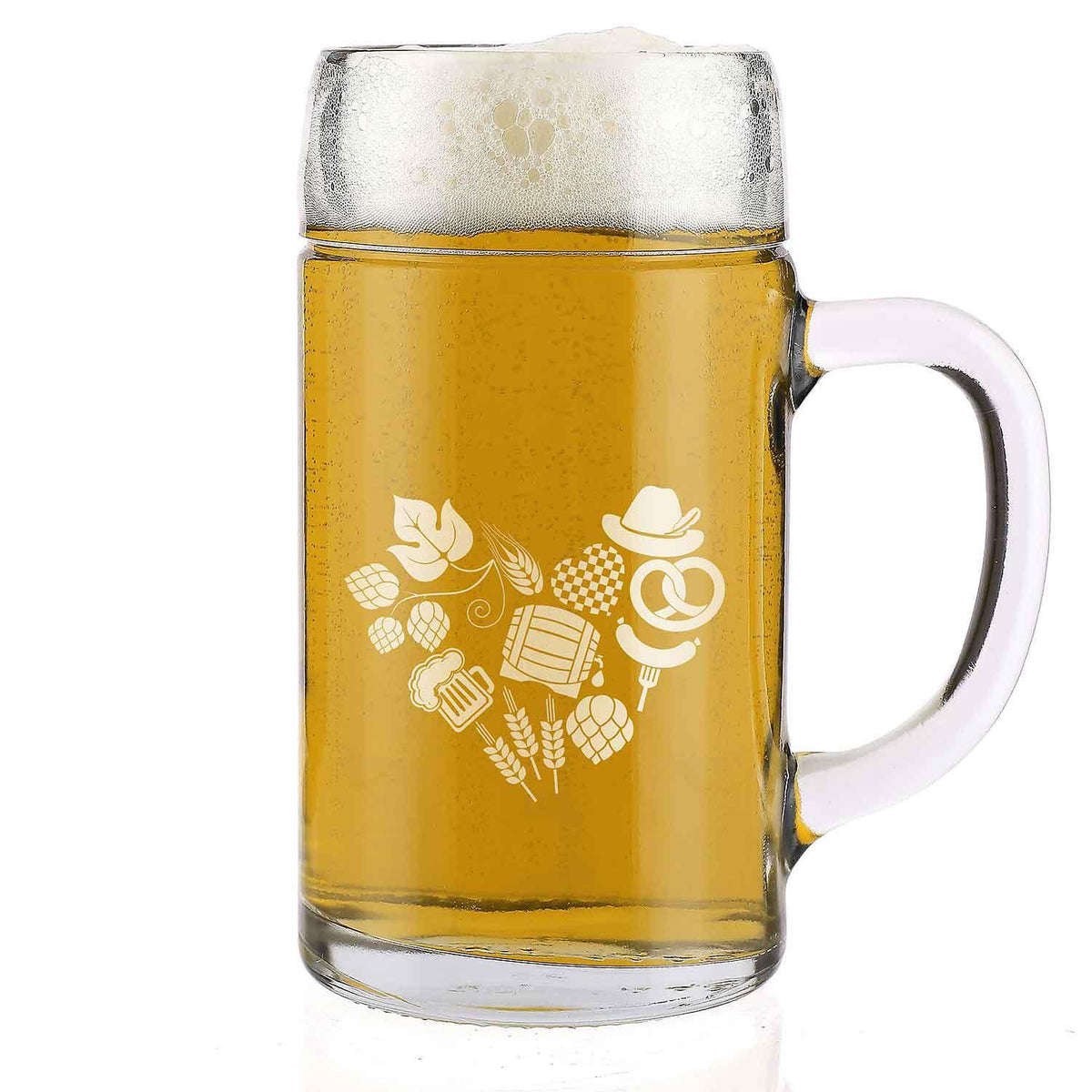 Klarer Bierkrug aus Glas mit Henkel und individueller Gravur auf der Front, Fassungsvermögen 1 Liter.