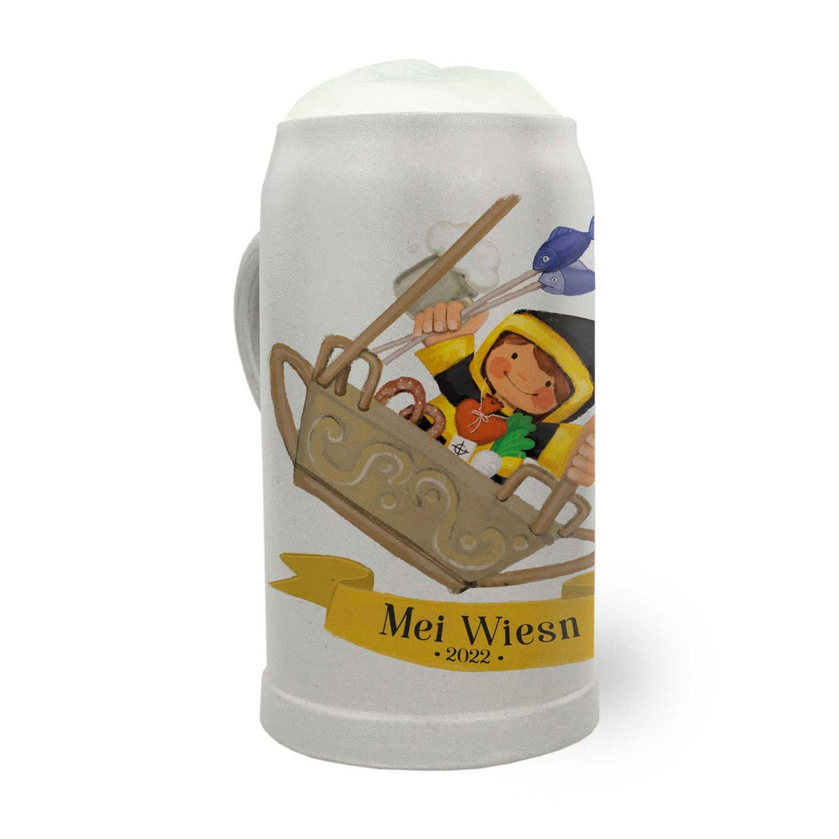 Mei Wiesn 2022 Sammlerkrug mit Oktoberfestmotiv: kleines Kind in einem Schaukelpferd mit Steckerlfisch.