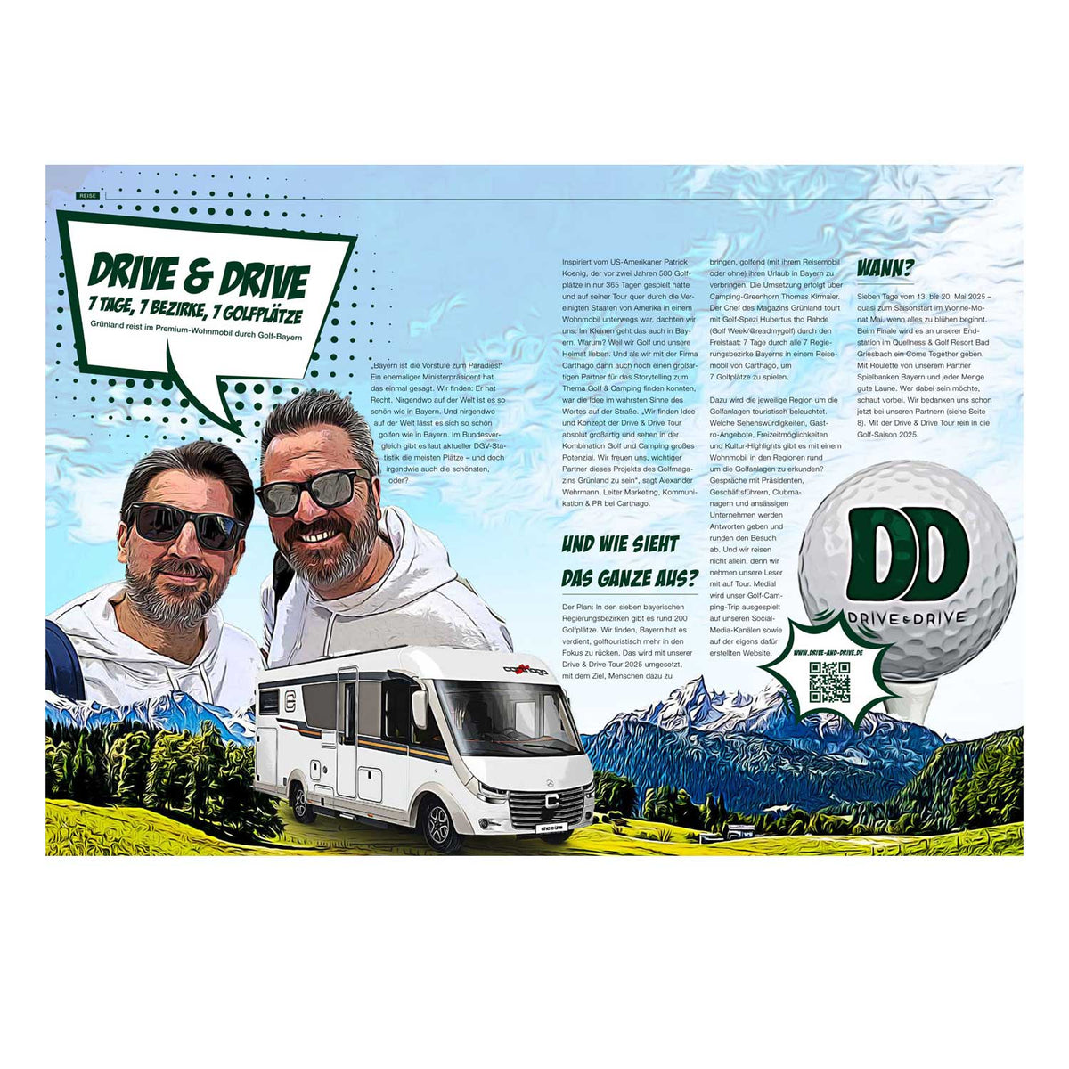 Titelseite Golfmagazin Grünland Ausgabe 1/2025 mit zwei lächelnden Männern und Wohnmobil in Alpenlandschaft.
