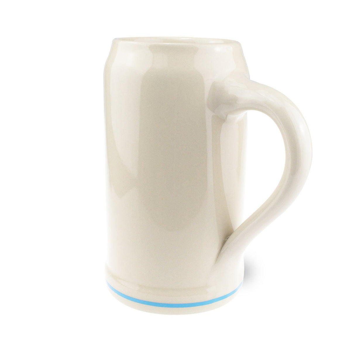 Cremefarbener offizieller Oktoberfestkrug 2019 aus Keramik mit blauem Rand und Henkel.