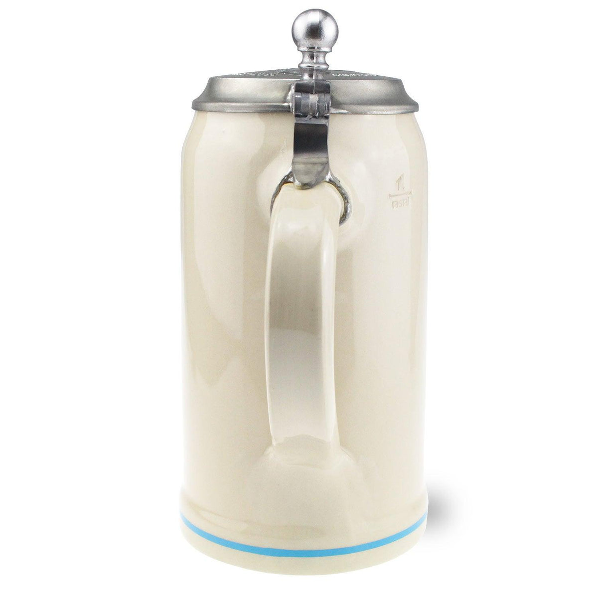 Offizieller Oktoberfestkrug 2019 aus Keramik in Creme mit traditionellem Zinndeckel und blauem Streifen.