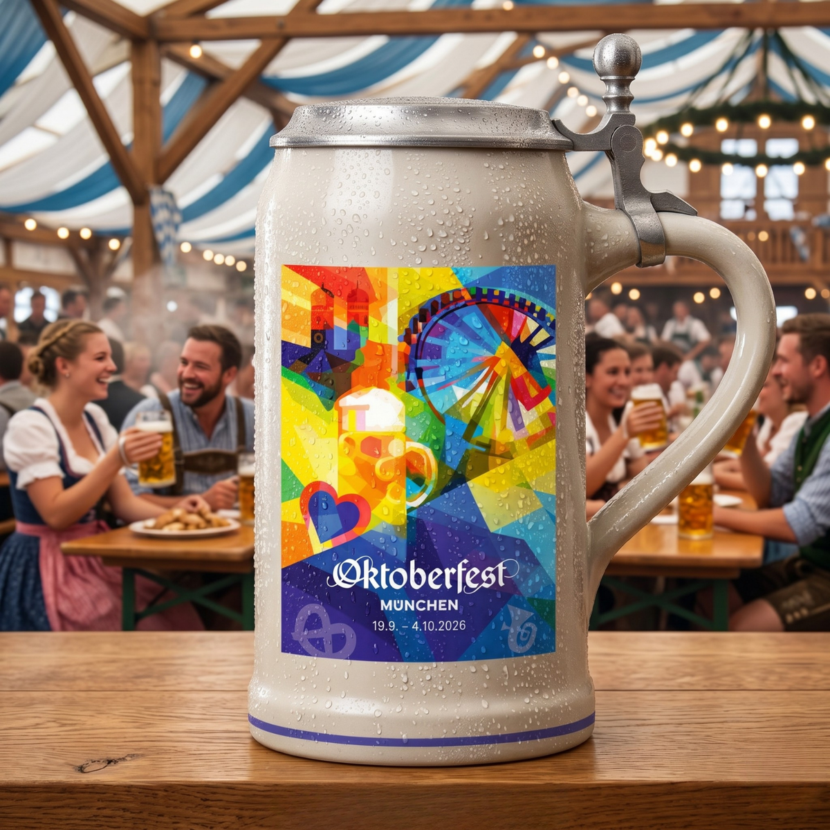 Oktoberfestkrug 2026 mit Zinndeckel auf einem Holztisch im Festzelt