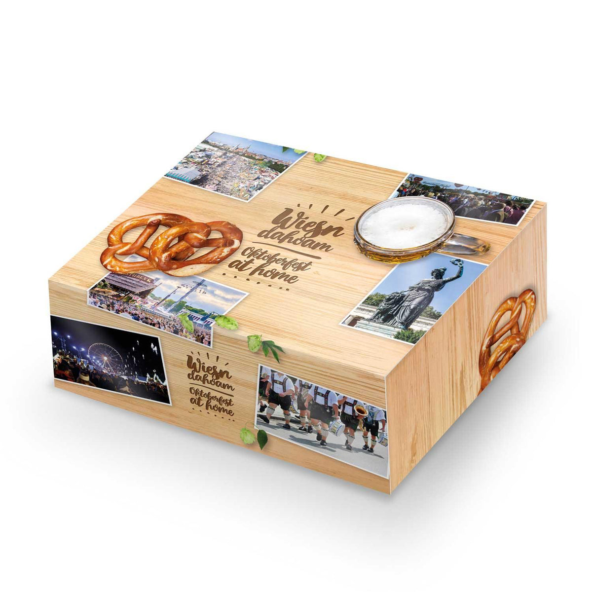 Oktoberfest-Box Löwenbräu 2 im Holzkisten-Design mit Brezeln, Bierkrug und Oktoberfest-Motiven.