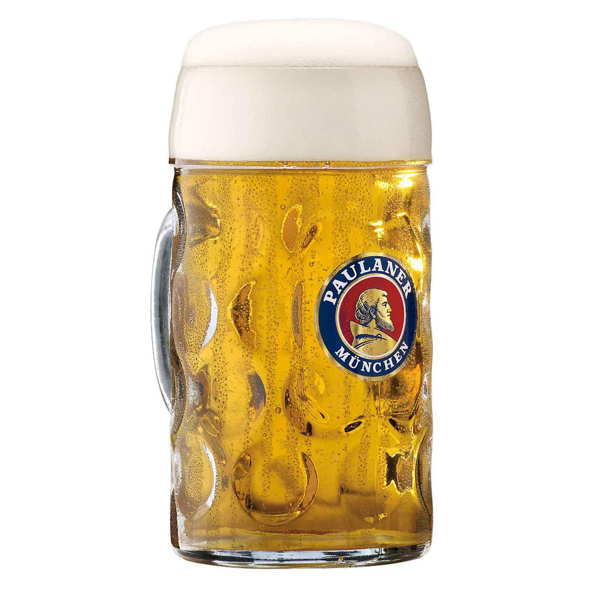 Großer Paulaner Bierkrug aus der Oktoberfest-Box Paulaner 2, gefüllt mit goldgelbem Bier und Schaum.