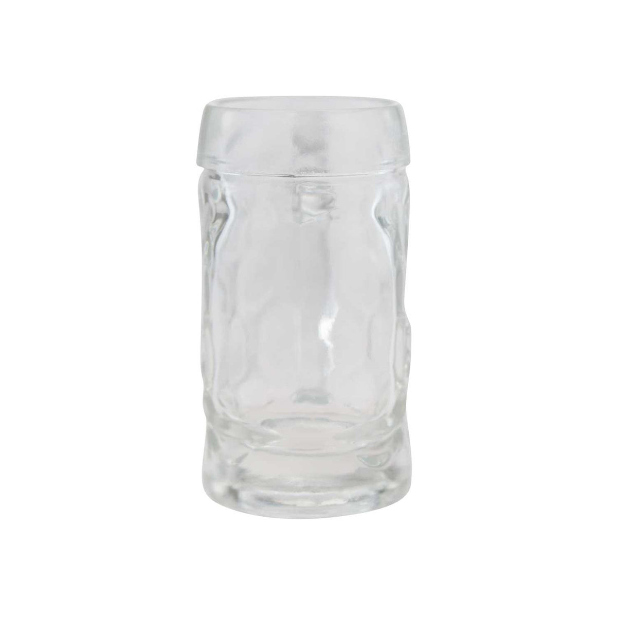 Leerer gläserner Mini-Maßkrug mit geformter Oberfläche und robustem Boden, 0,1 Liter Füllmenge, ideal zum Probieren.