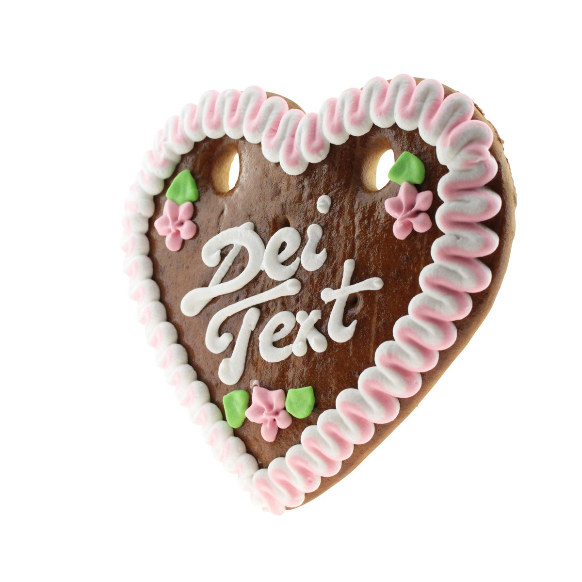 Lebkuchenherz mit weißer und rosa Zuckergussverzierung, grünen Blättern und pinken Blüten.