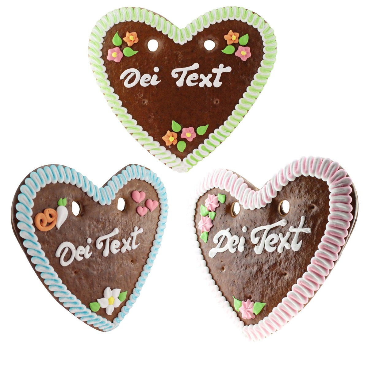 Drei Lebkuchenherzen zum Beschriften mit individuellen Texten und bunten Zuckerverzierungen, perfekt für Volksfeste.