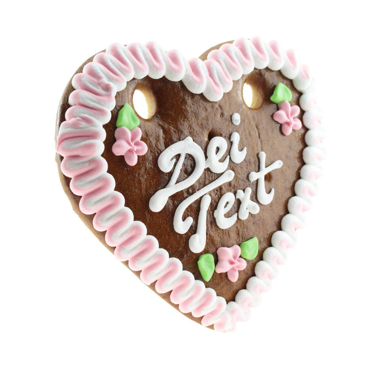 Lebkuchenherz mit weiß-rosa Zuckergussrand, drei rosa Blüten, grünen Blättern und weißen Schriftzug "Dei Text".