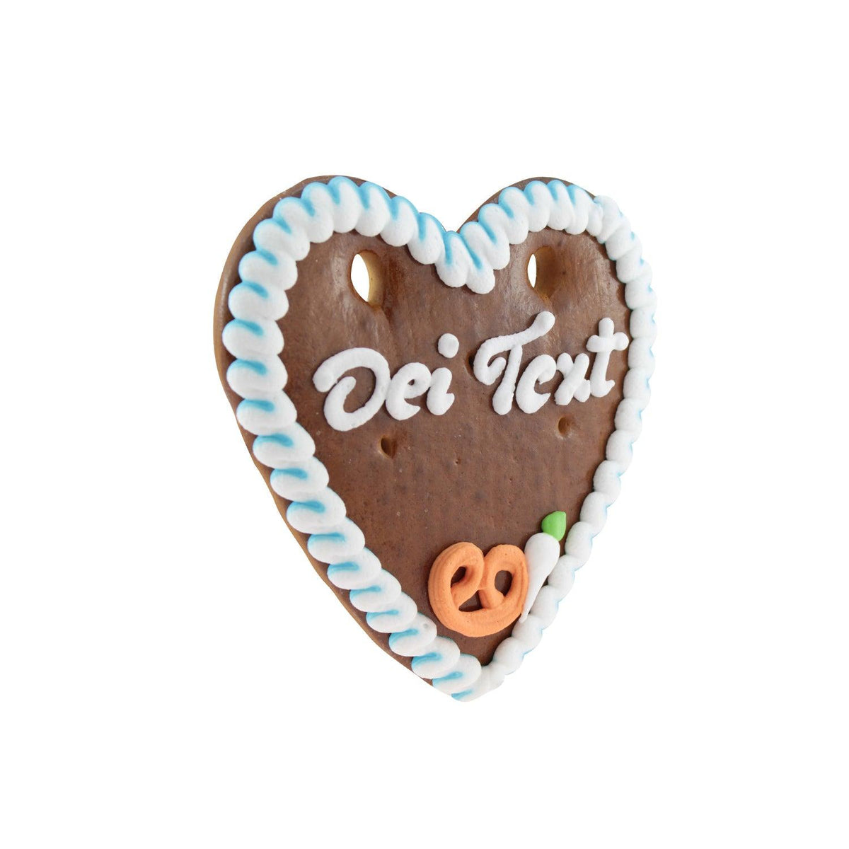 Liebendes Lebkuchenherz mit blau-weißer Zuckergussverzierung, Brezel und "Dei Text".
