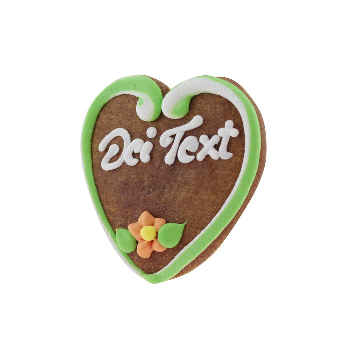 Braunes Lebkuchenherz mit grüner und weißer Zuckergussumrandung, beschriftet mit "Dei Text" und orangefarbener Blüte.