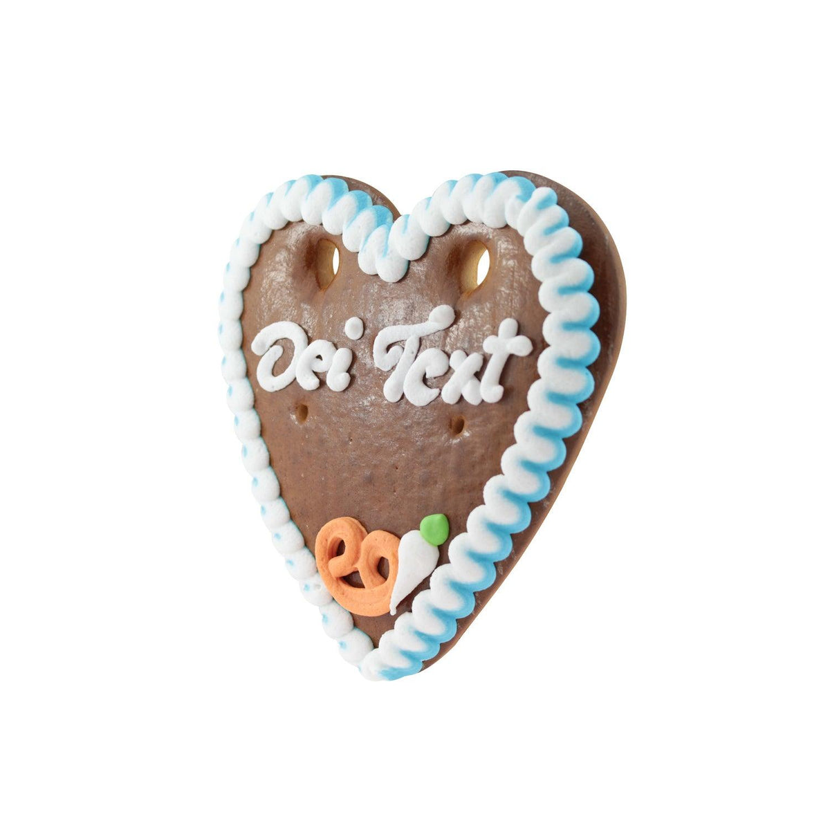 Traditionelles Lebkuchenherz mit blau-weißer Zuckerschrift "Dein Text", Brezel, Karotte und weißem Rand.