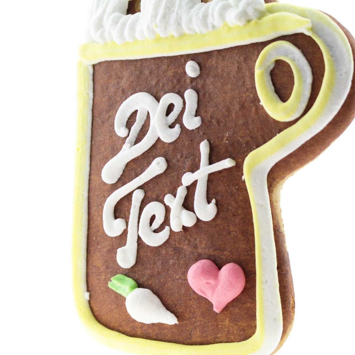 Lebkuchen-Bierkrug mit weißer Zuckerguss-Aufschrift Dei Text und kleinen Dekorationen.
