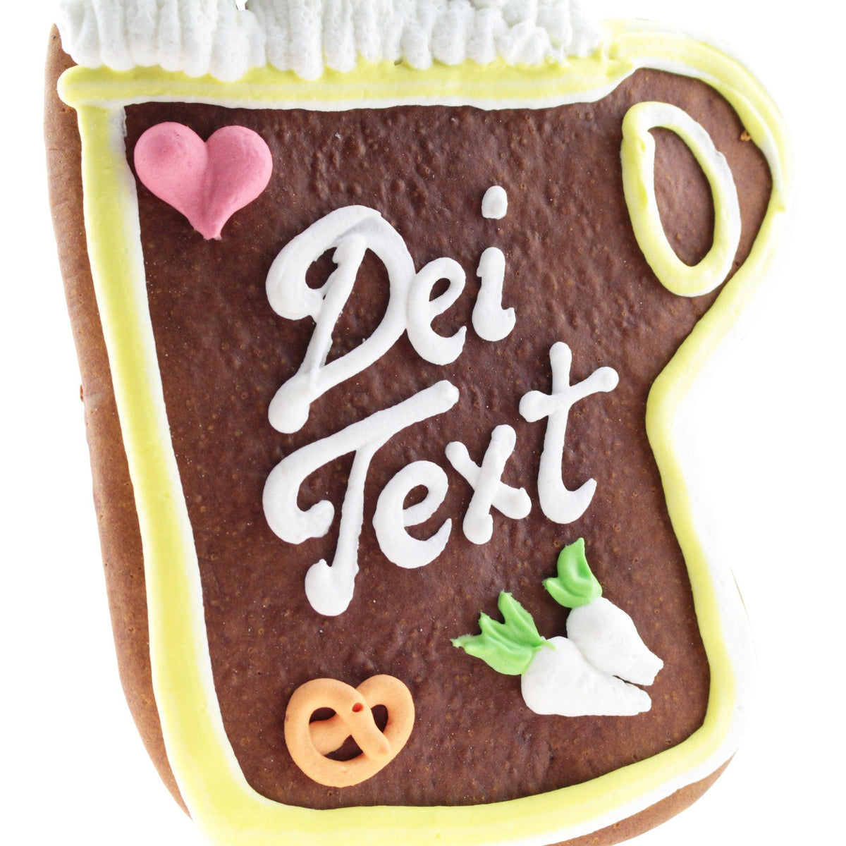 Lebkuchenherz mit individuell gestalteter Zuckerguss-Aufschrift, Brezel, Herz und Radieschen verziert.