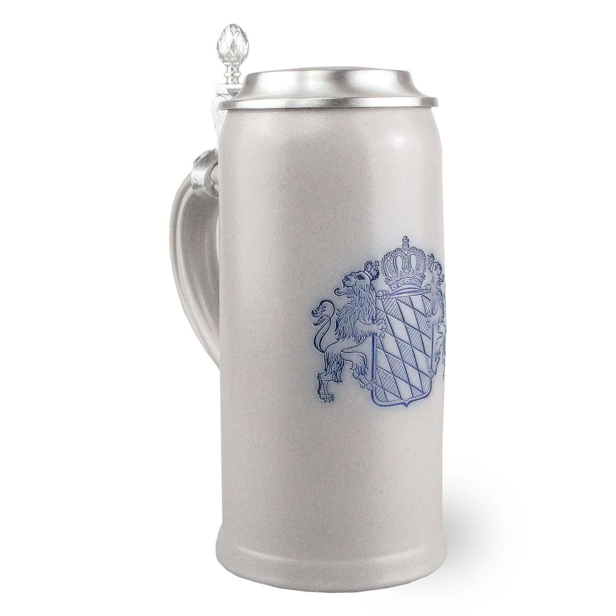 Schlanker Steinkrug mit Zinndeckel, Bayernwappen, Reliefmuster und individueller Gravur, 0,5 l, grau-blau.