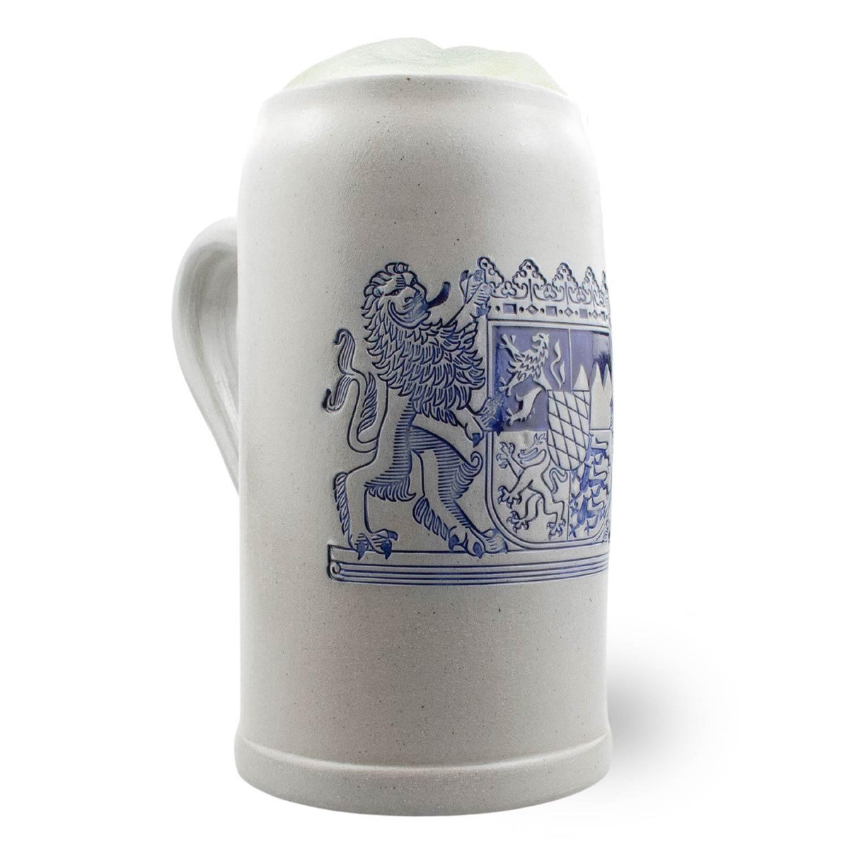 PREMIUM Bierkrug Freistaat Bayern in Steingut-Optik mit blauem, geprägtem Wappen und Henkel für Bierliebhaber