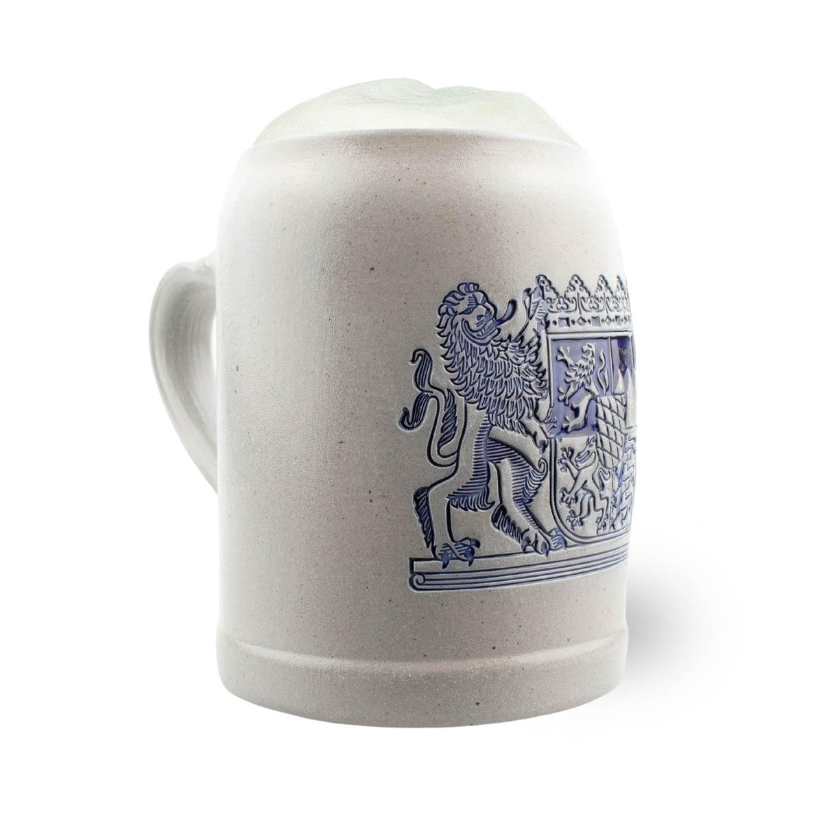 PREMIUM Bierkrug Freistaat Bayern, salzglasiert, mit blauem bayerischem Wappen und Henkel aus Steinzeug.