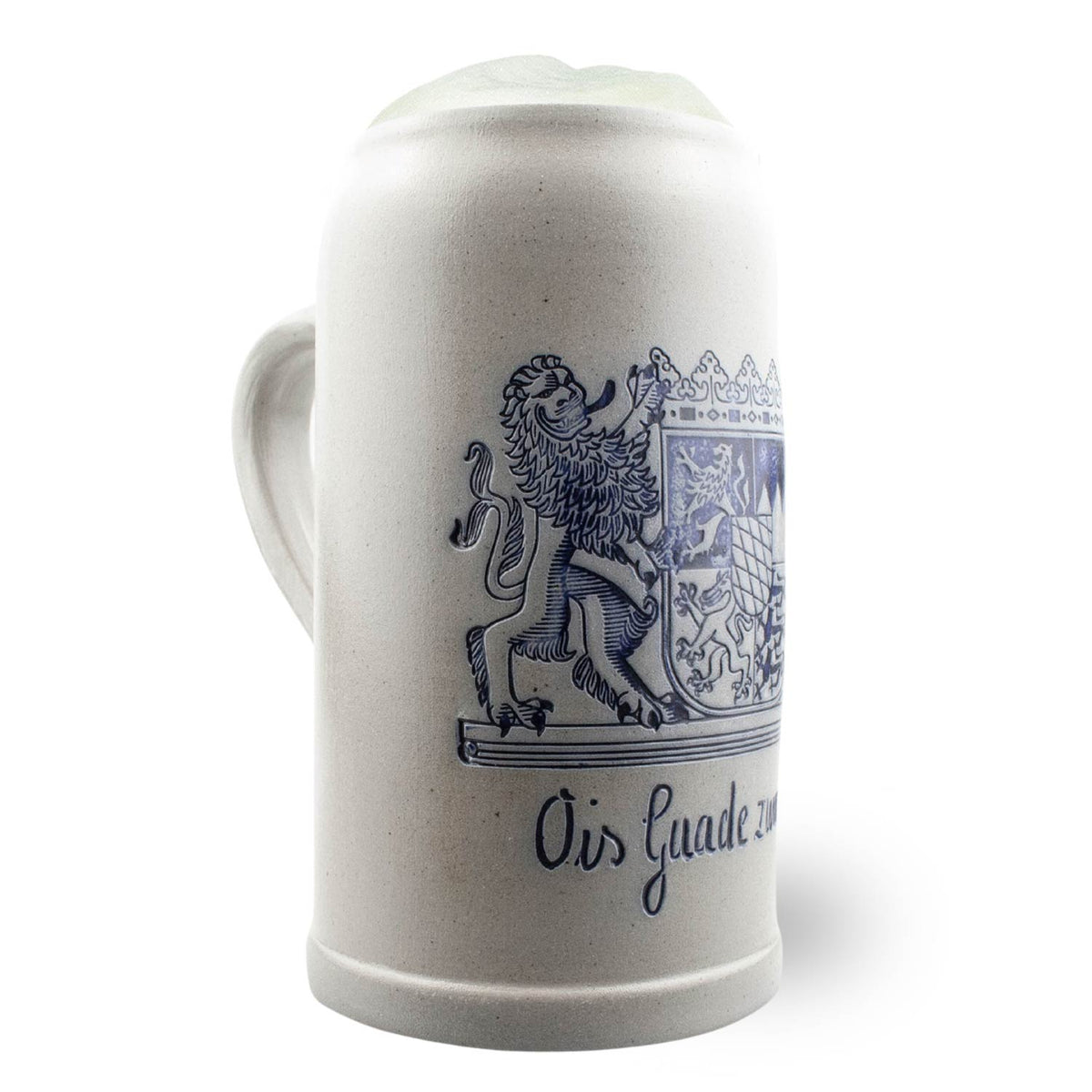 PREMIUM Bierkrug Freistaat Bayern, Steinkrug mit blauem bayerischem Wappen und Hirschmotiv, weiße Schaumkrone.