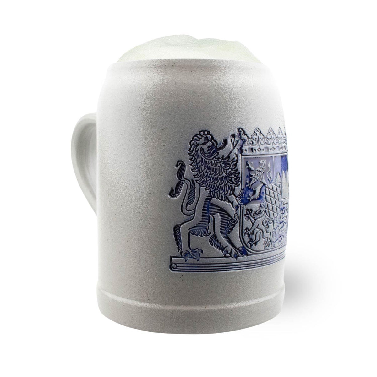 PREMIUM Bierkrug Freistaat Bayern aus grauem Steingut mit blauem bayerischem Wappen und Schaumkrone.