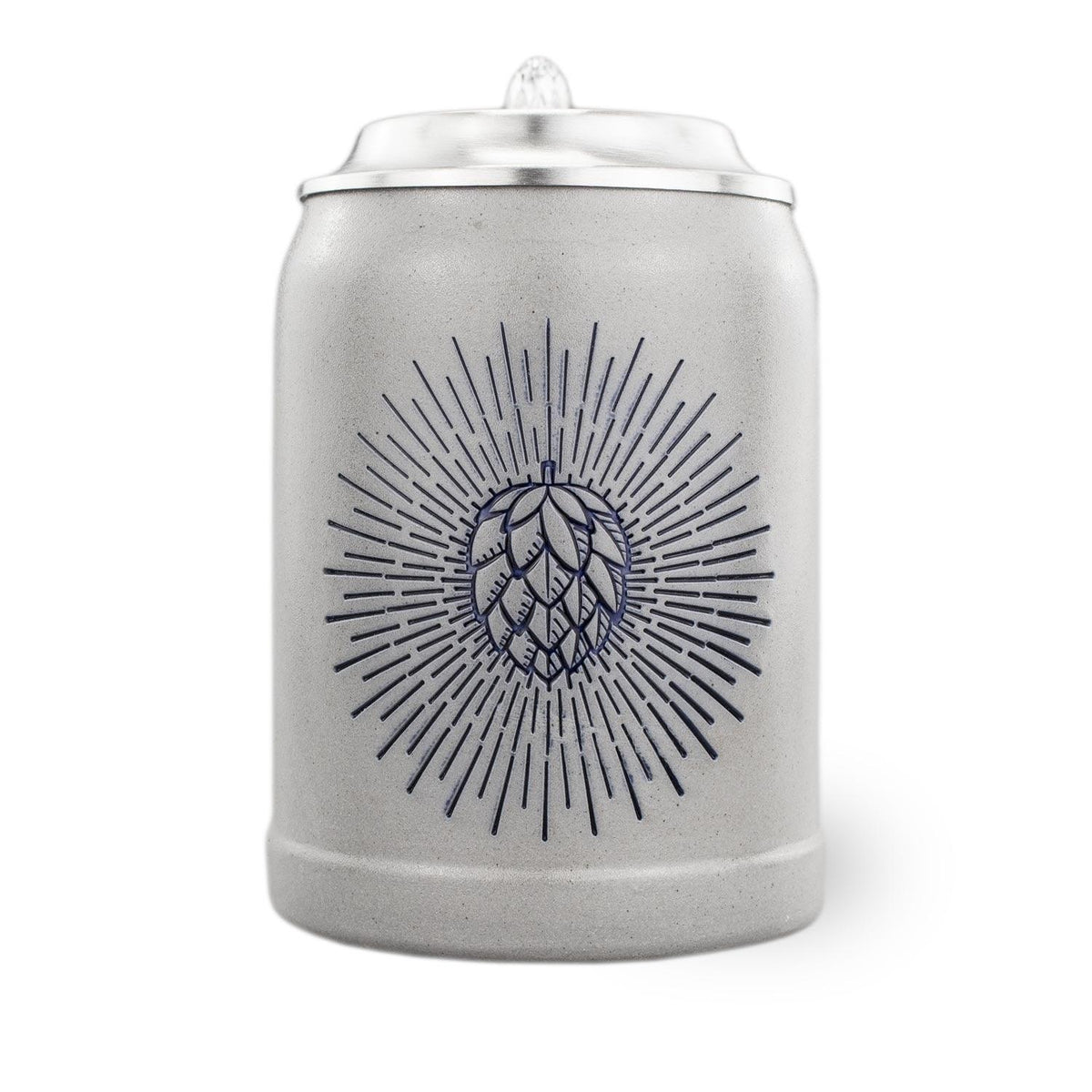 PREMIUM Bierkrug Holy Hopfen aus grauem Steingut mit blauem Hopfen-Design und Zinndeckel.