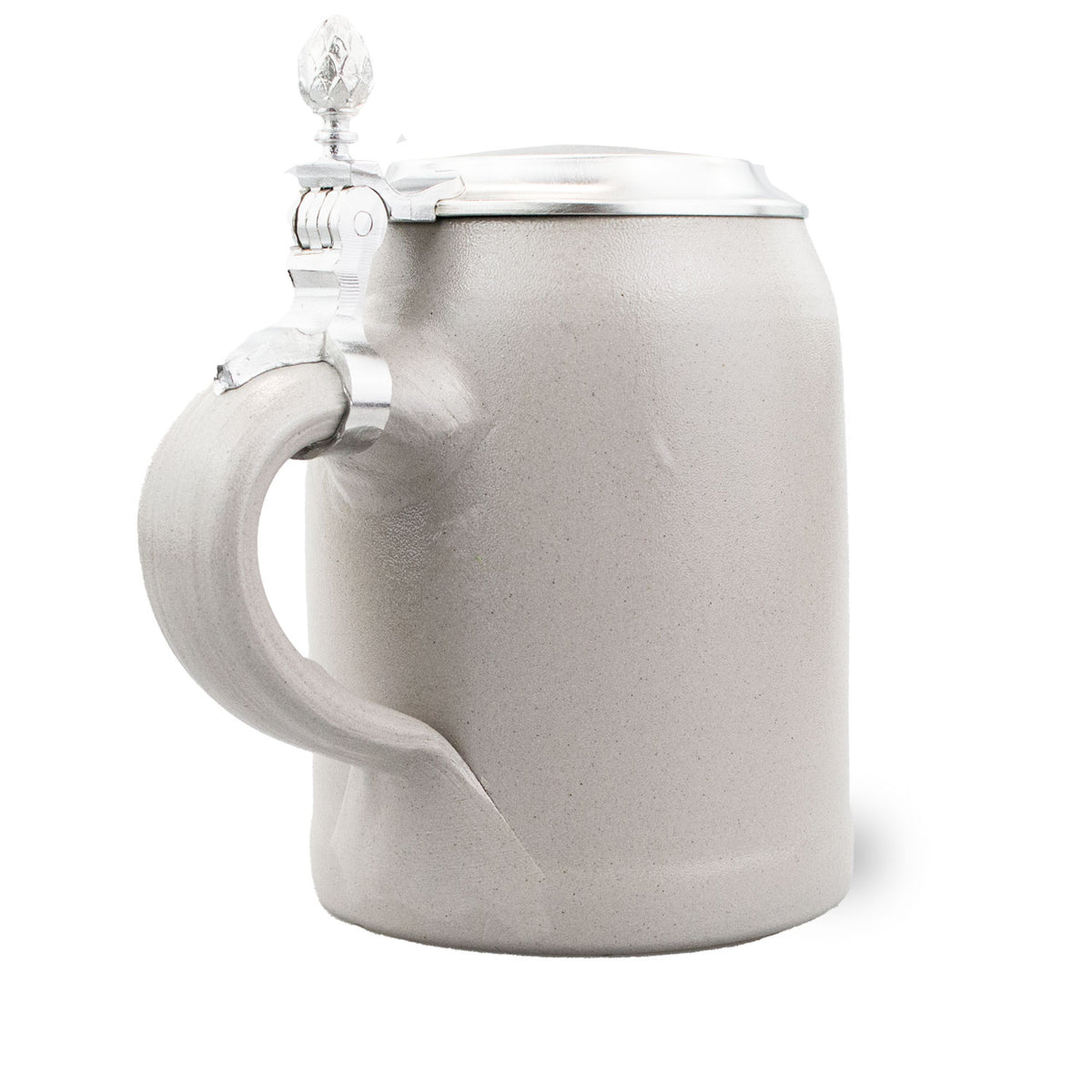 PREMIUM Bierkrug Steinkrug, hellgrau mit strukturiertem Griff und verziertem Zinndeckel.