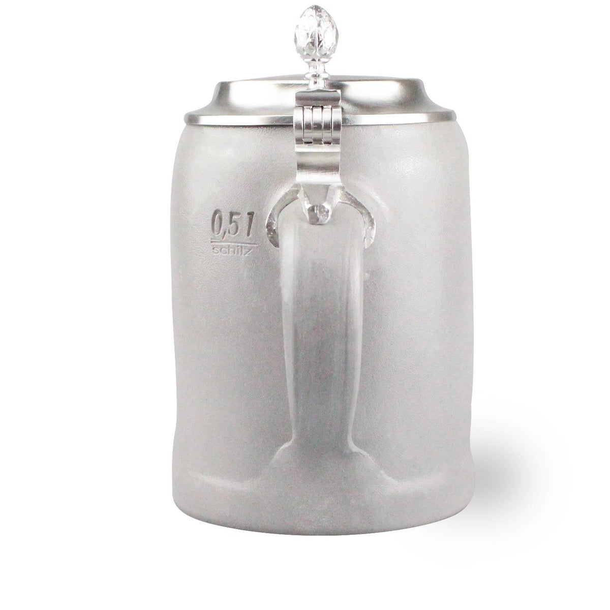 Rückseite des PREMIUM Bierkrug Mittelfranken mit gläsernem Henkel, Zinndeckel und Gravur 0,5 l