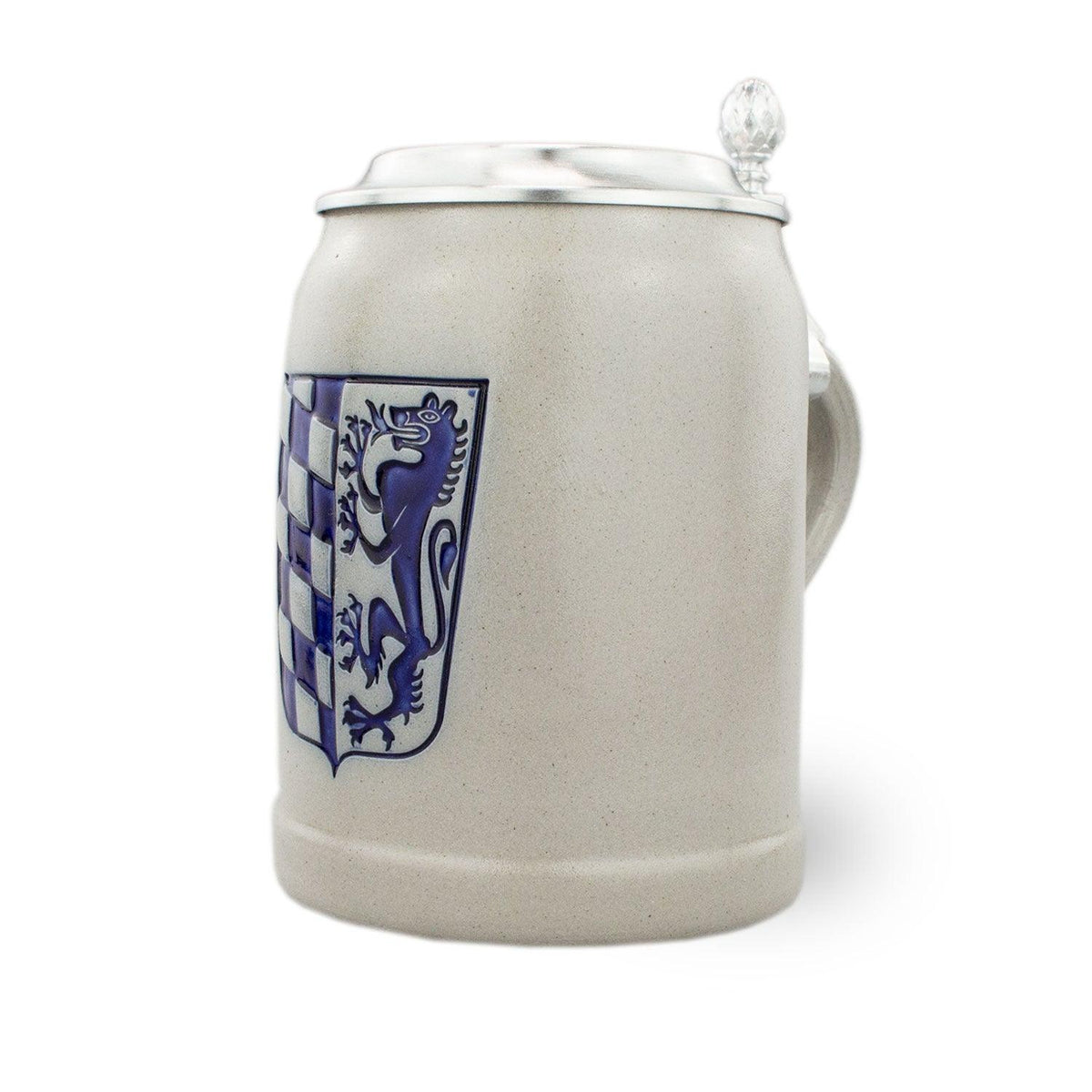 PREMIUM Bierkrug Niederbayern aus Steingut, mit Wappen, blauem Löwen und Schachbrettmuster, Zinndeckel.