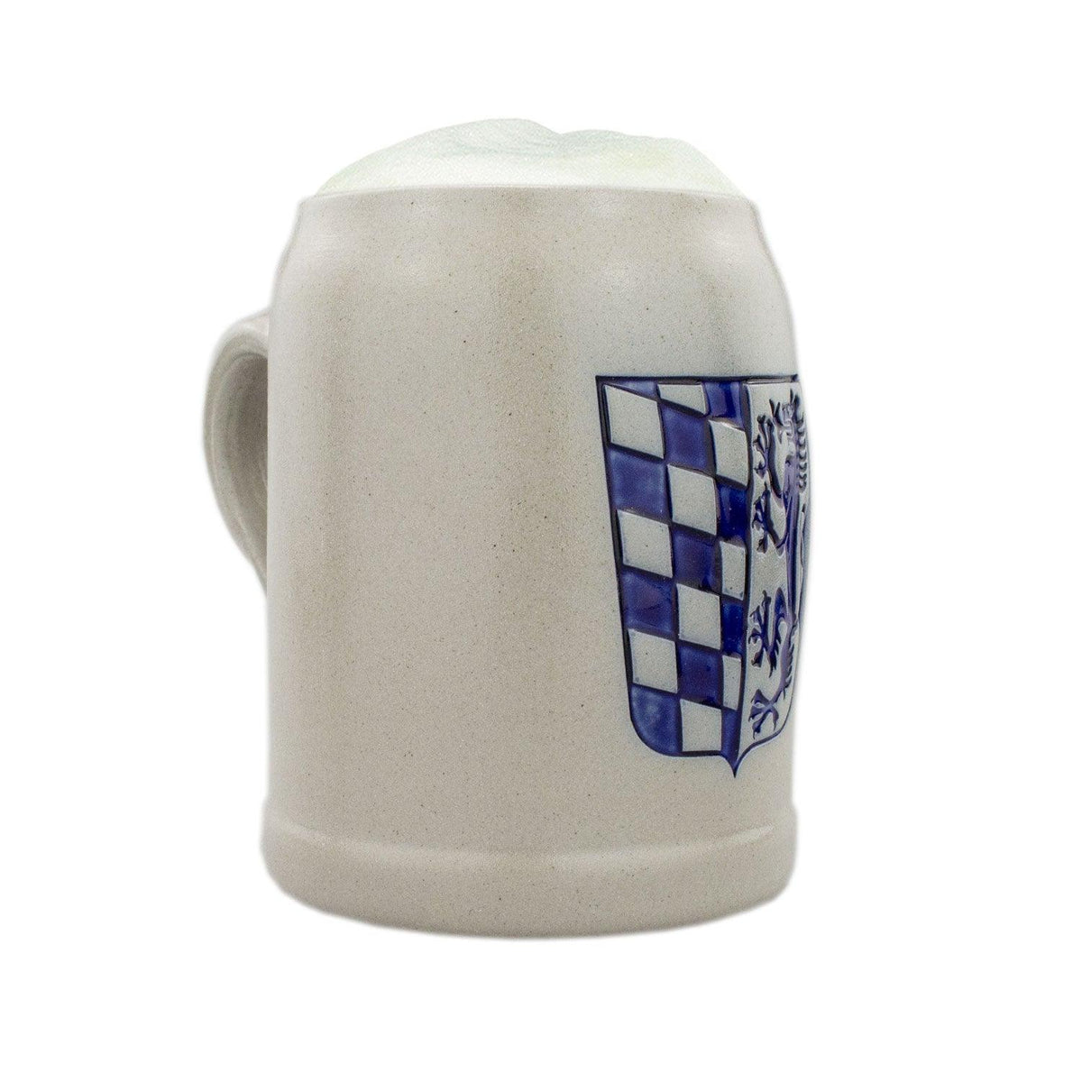 PREMIUM Bierkrug Niederbayern mit Schaumkrone, grauem Steingut und blau-weißem Bayernwappen