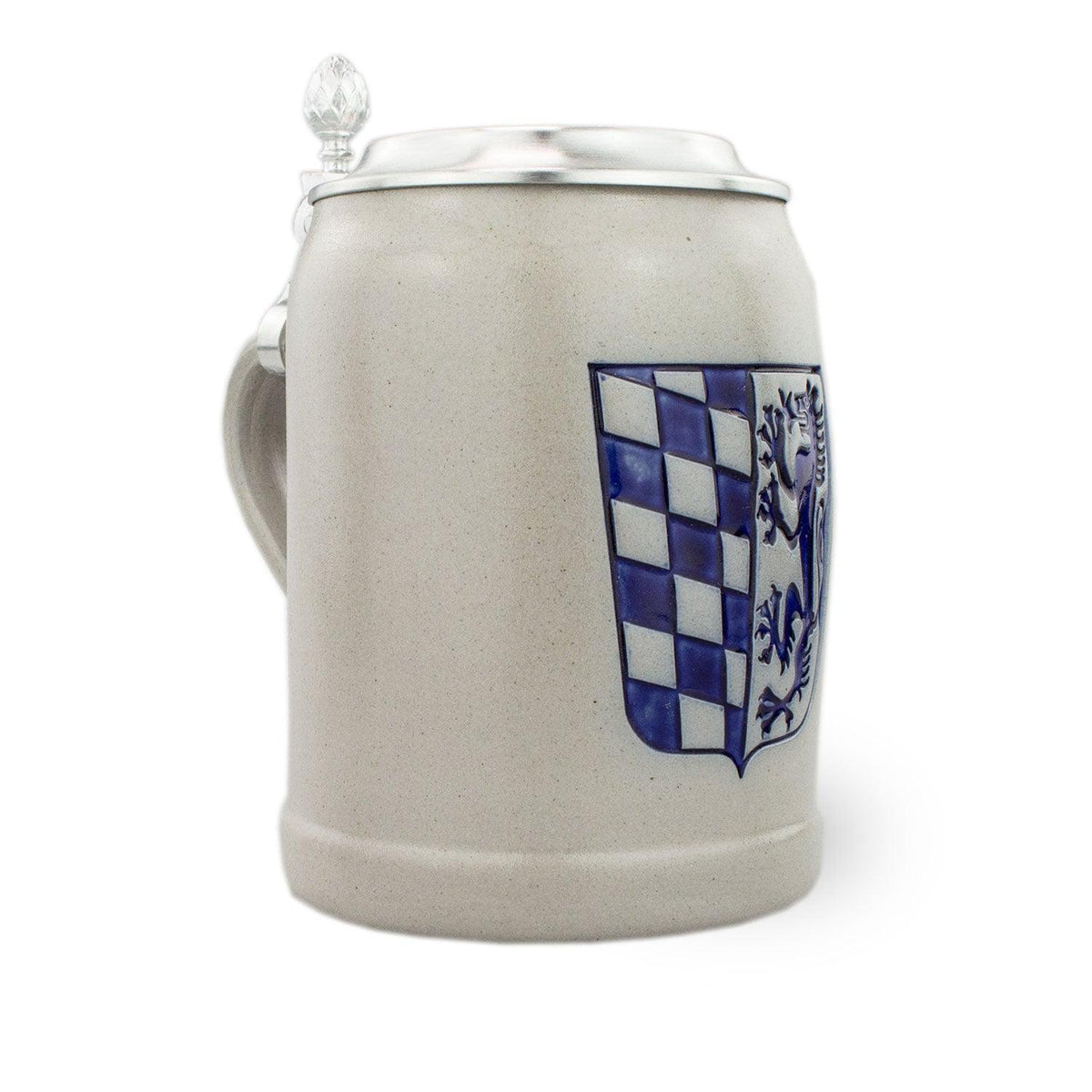 PREMIUM Bierkrug Niederbayern, hellgrau, mit weiß-blauem Rautenmuster und Wappen.