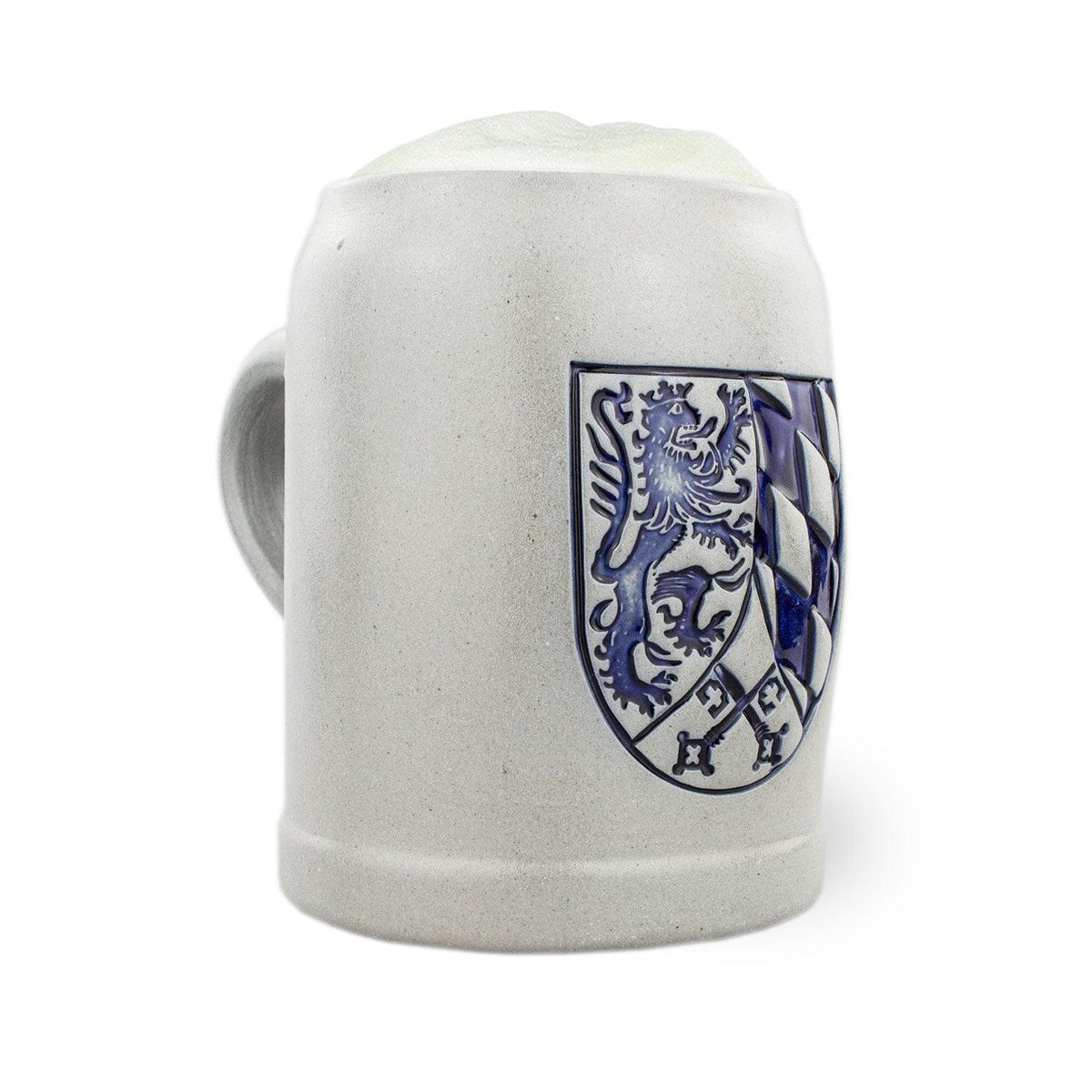 PREMIUM Bierkrug Oberpfalz, graues Steingut mit blau-weißem Oberpfalz Wappen und Henkel, gefüllt mit Schaum.
