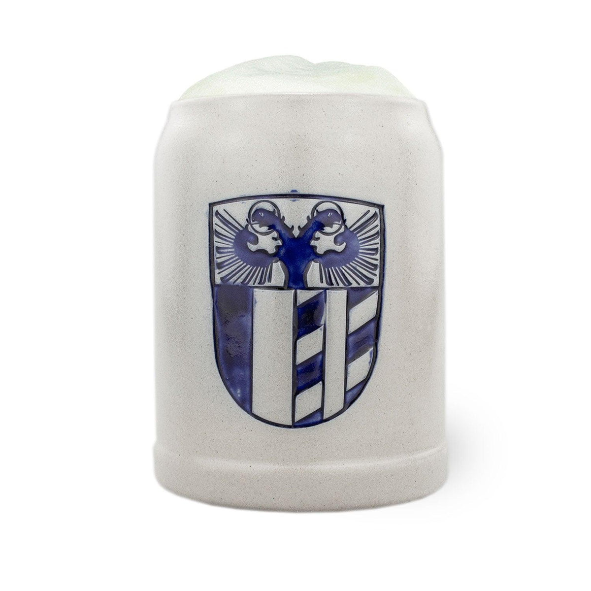 PREMIUM Bierkrug Schwaben mit dem Schwabenwappen auf grauem Steinzeug, gefüllt mit Bierschaum